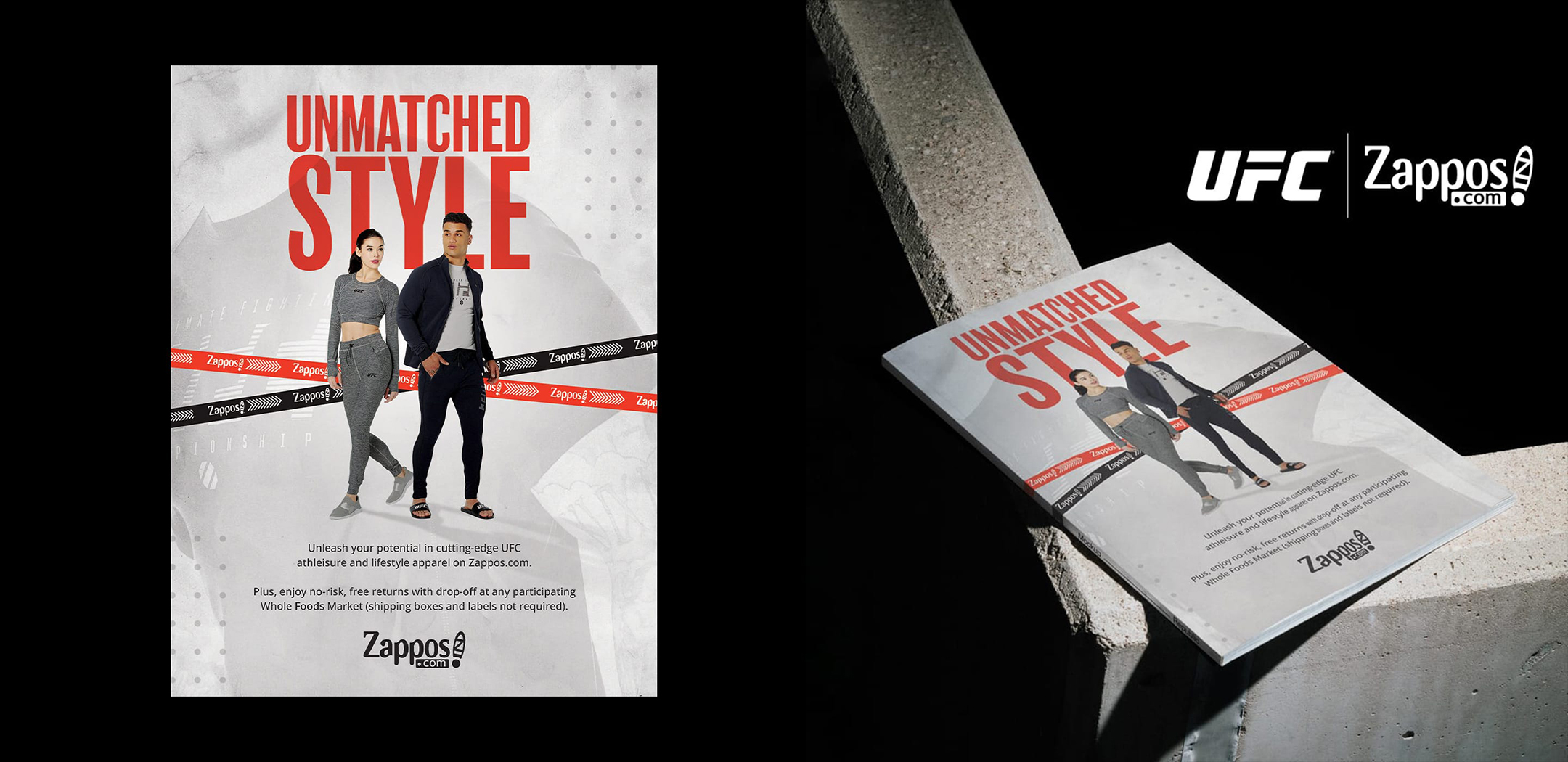 Zappos x UFC "Unmatched Style" campaign — print ad and direct mail mailer mockup promoting UFC athleisure and lifestyle apparel on Zappos.com