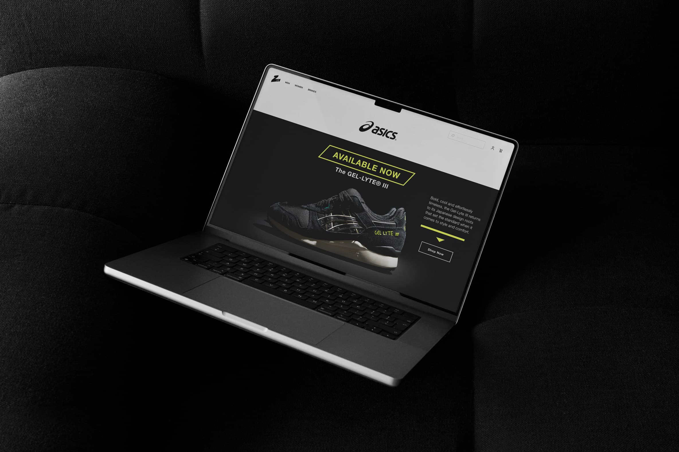 Laptop screen displaying Zen's website with an ASICS Gel-Lyte III sneaker promo page.