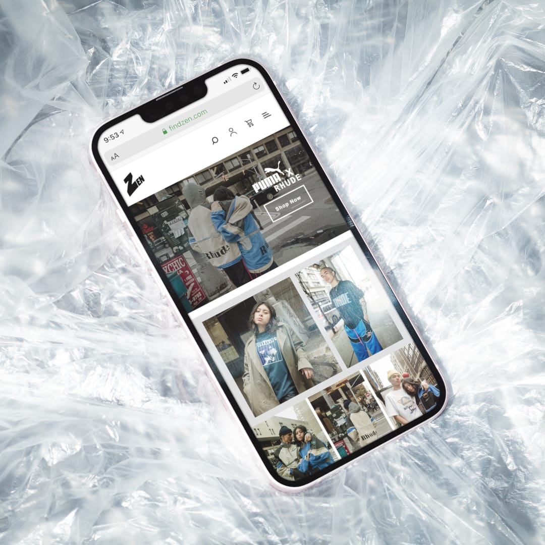 Phone mockup on plastic wrap showing Zen's Puma x Rhude landing page with street-style lookbook photos.