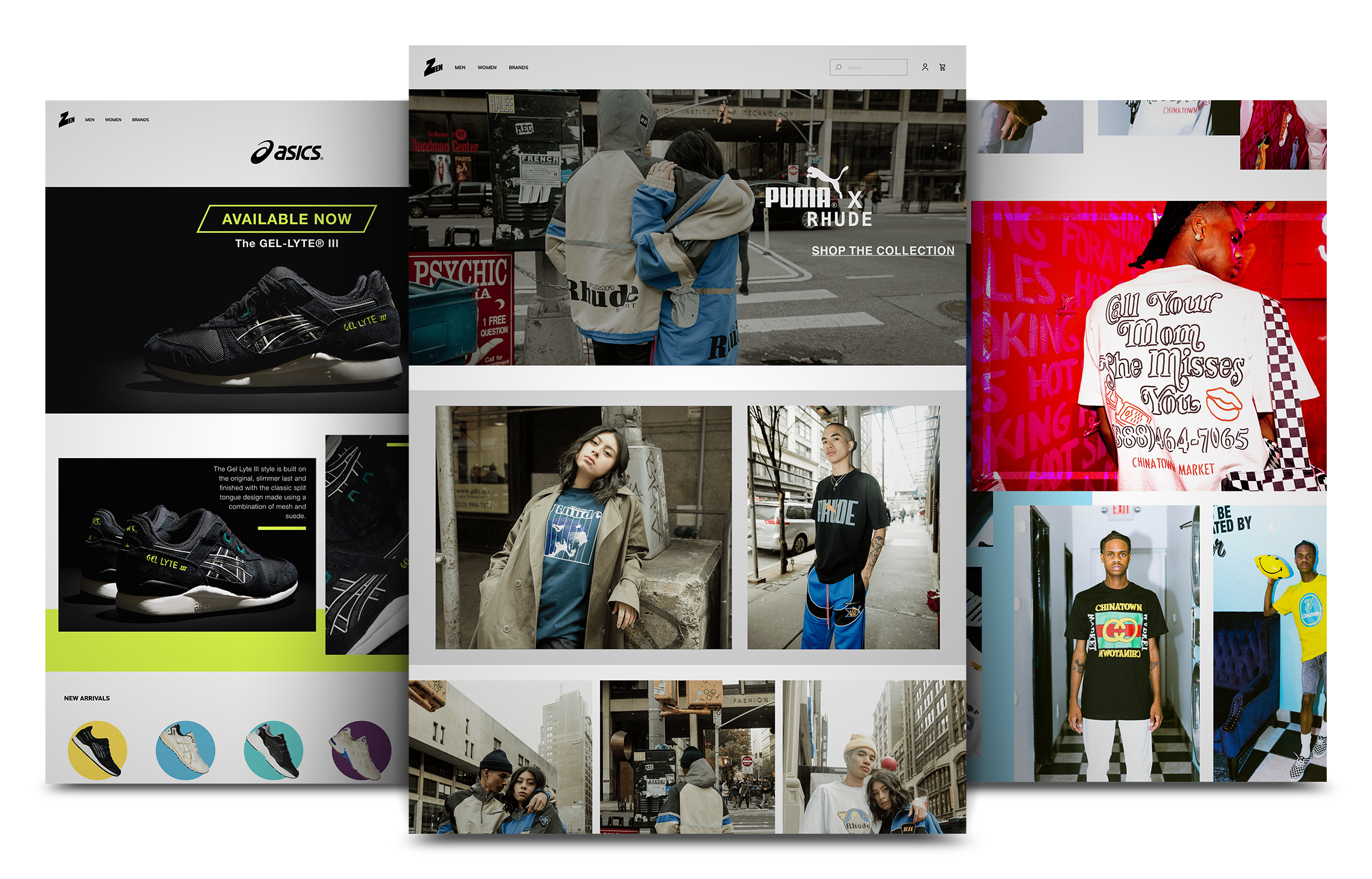 Three website mockups side by side — ASICS Gel-Lyte III product page, Puma x Rhude lookbook, and Chinatown Market lookbook.
