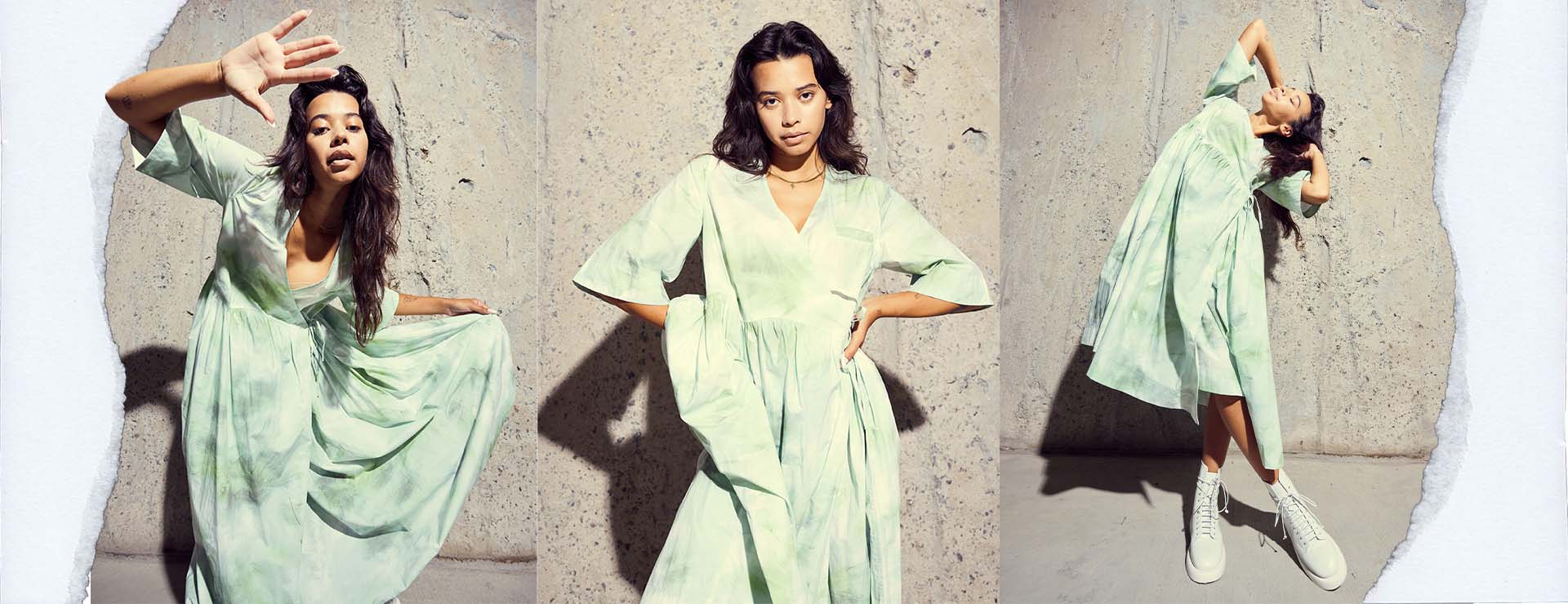 VRSNL editorial triptych art directed by Alex Mera — a model in a sage tie-dye maxi dress poses against a raw concrete backdrop, torn-paper framing across three panels.