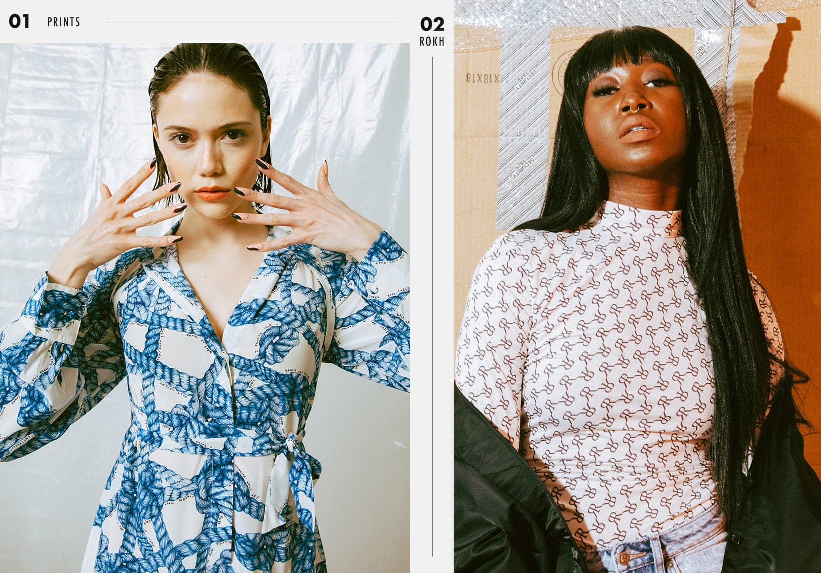 VRSNL editorial diptych art directed by Alex Mera — a rope-print wrap dress ("Prints") paired with a monogram Rokh top shot against cardboard and packing tape.