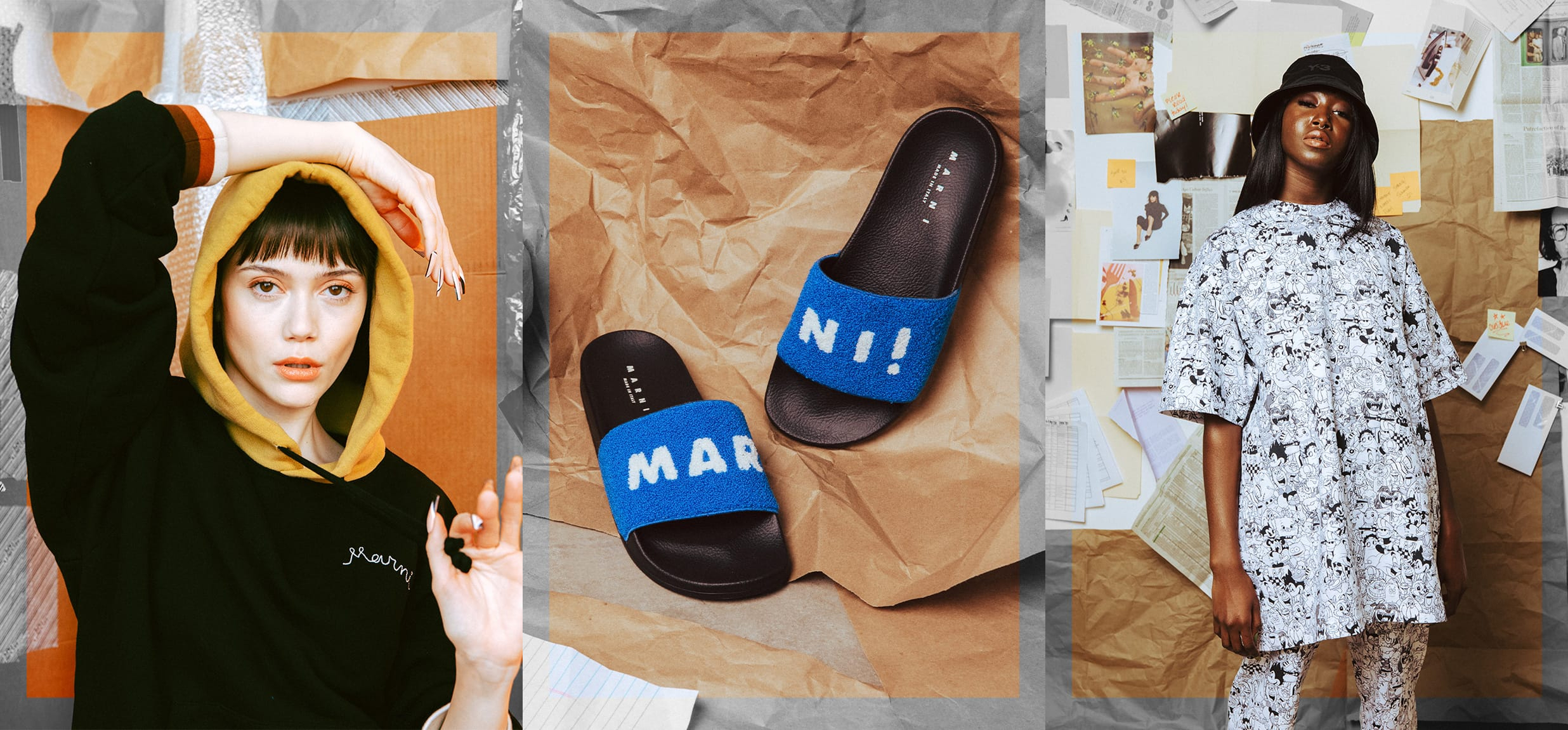 VRSNL editorial triptych art directed by Alex Mera for a Marni collaboration — a hooded model, terry-cloth Marni slide sandals, and a graphic-print oversized tee, styled against layered cardboard and collage backdrops.
