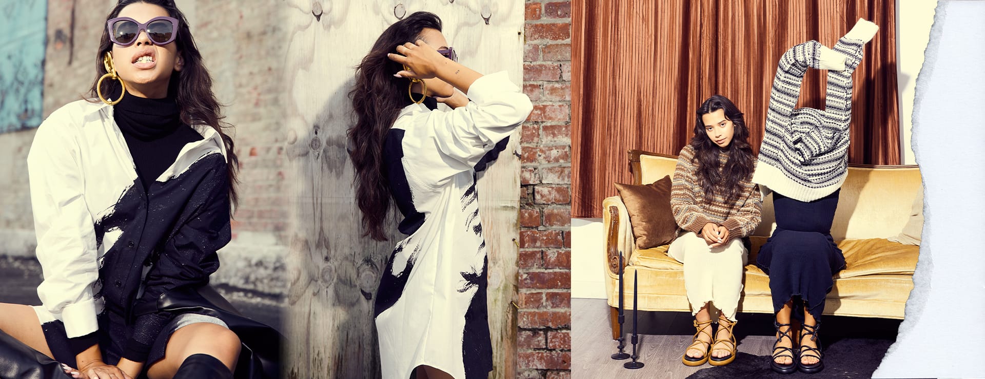 VRSNL editorial triptych art directed by Alex Mera — a model in a black-and-white brushstroke-print jacket shot against brick, paired with two models in cozy knits and strappy sandals lounging on a gold velvet couch.