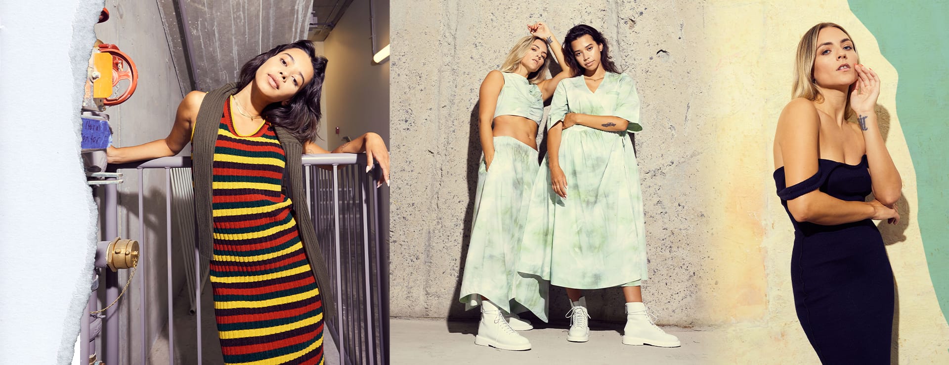VRSNL editorial triptych art directed by Alex Mera — a striped knit dress against industrial railings, two models in sage tie-dye separates on concrete, and a black off-shoulder dress against a color-blocked wall.