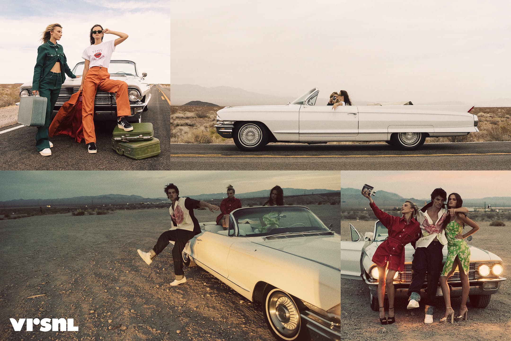 VRSNL "Summer State of Mind" campaign grid, art directed by Alex Mera — models in vintage convertibles on a desert highway at golden hour, roadside luggage, and a group selfie against a lit-up classic car.