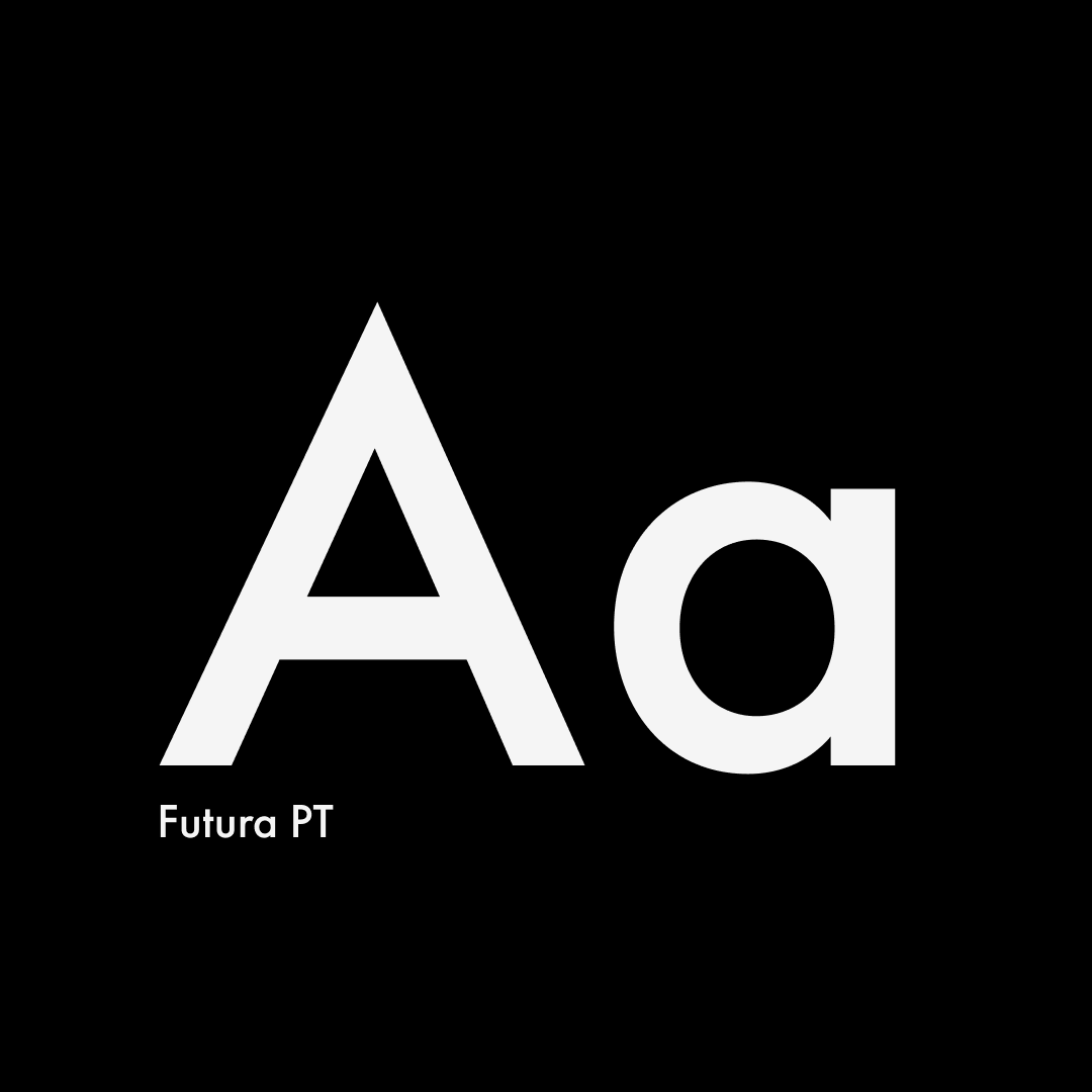Futura PT typeface specimen, uppercase and lowercase "Aa" in white on black, part of VRSNL's typography system selected by Alex Mera.
