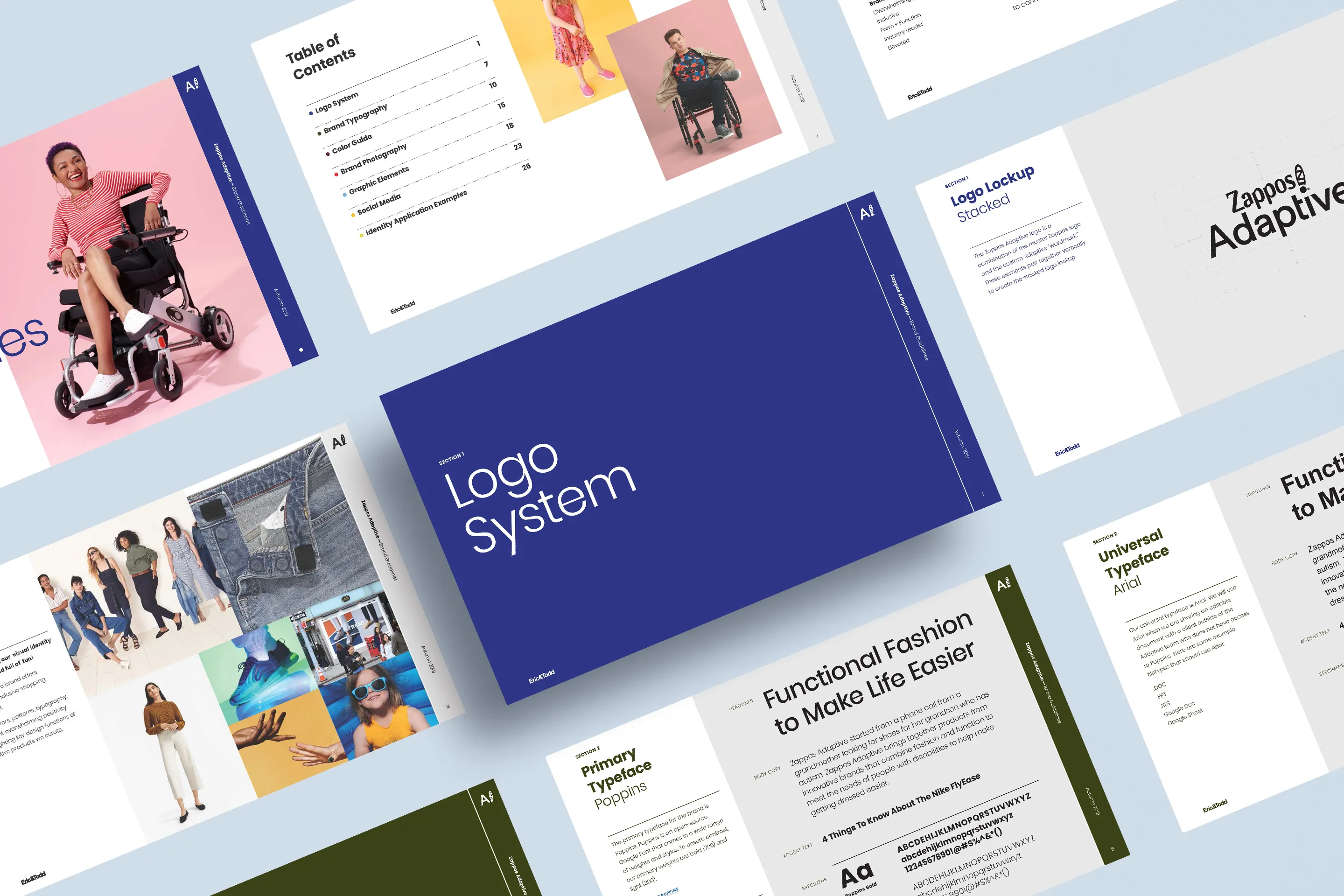 Spread of Zappos Adaptive brand guidelines pages by Eric&Todd, showing a navy "Logo System" section divider, table of contents, logo lockup and typography specs (Poppins, Arial), a color/photography mood board with models in adaptive fashion, and headline 