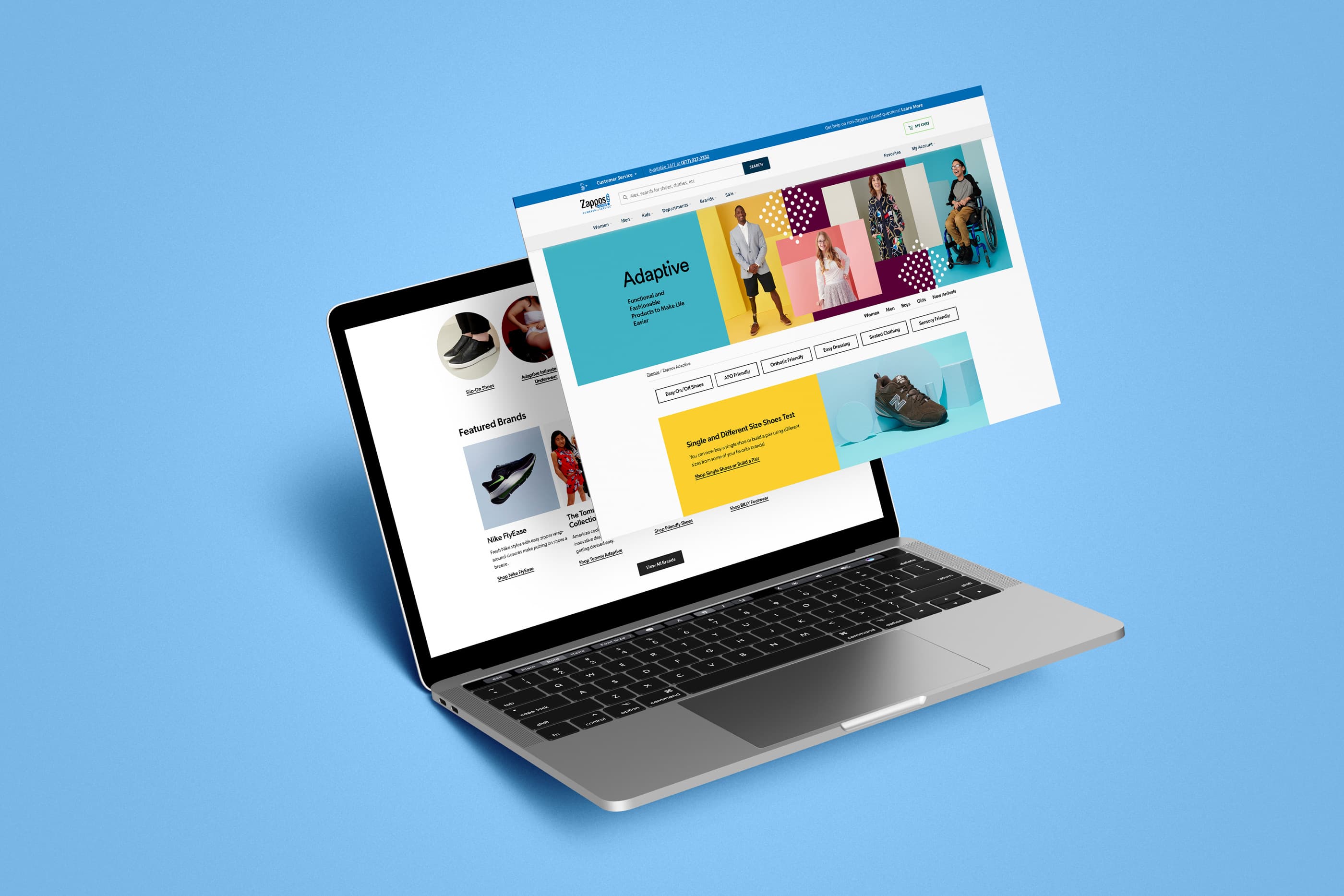 Laptop mockup on a blue background showing the Zappos Adaptive website homepage, with category filters like Easy On/Off Shoes, AFO Friendly, and Sensory Friendly, plus featured brands including Nike FlyEase and Tommy Adaptive.