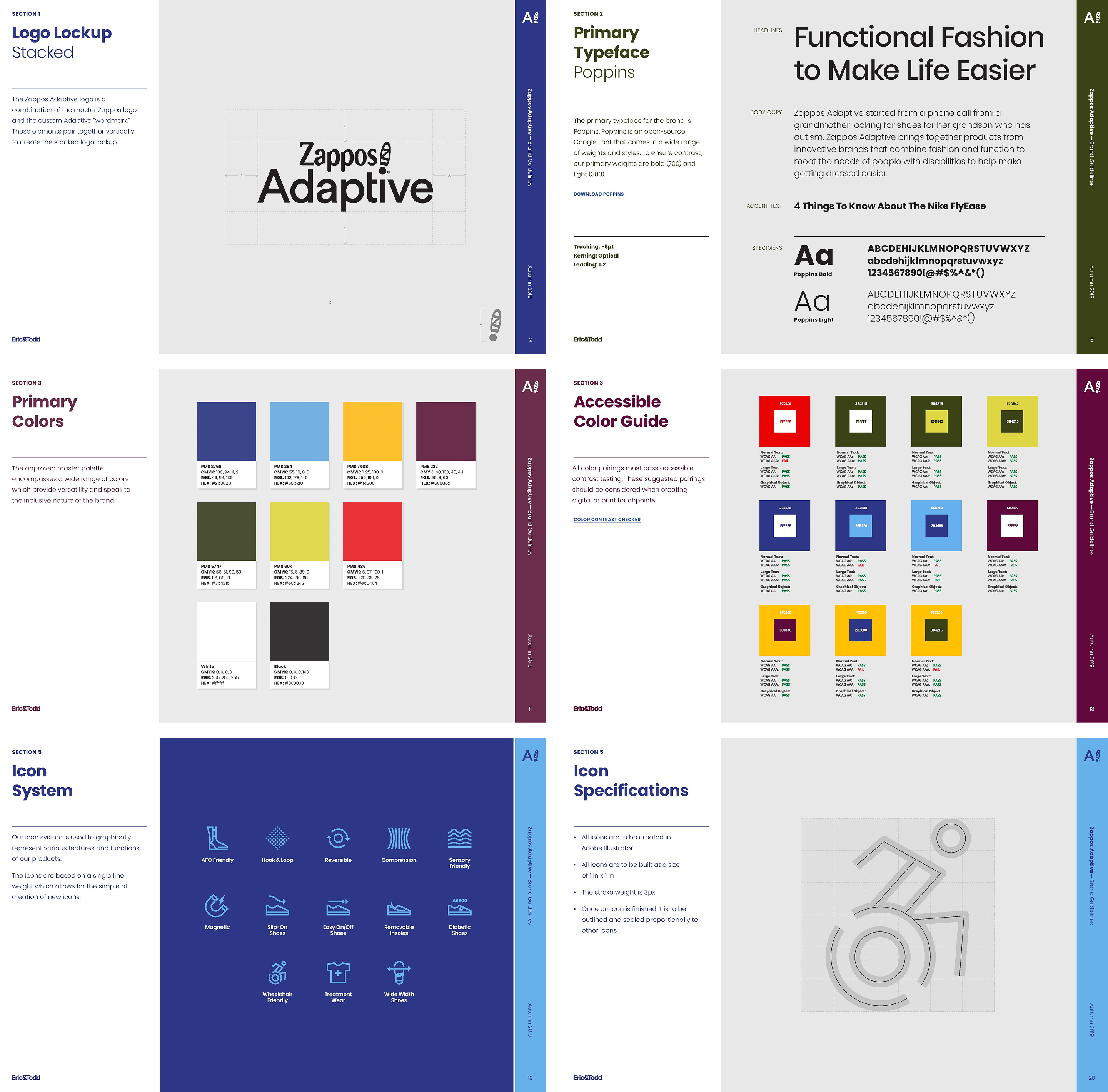 Six pages from the Zappos Adaptive brand guidelines by Between State, covering logo lockup, typography, headline layout, color palette, accessible color pairings, and icon system.