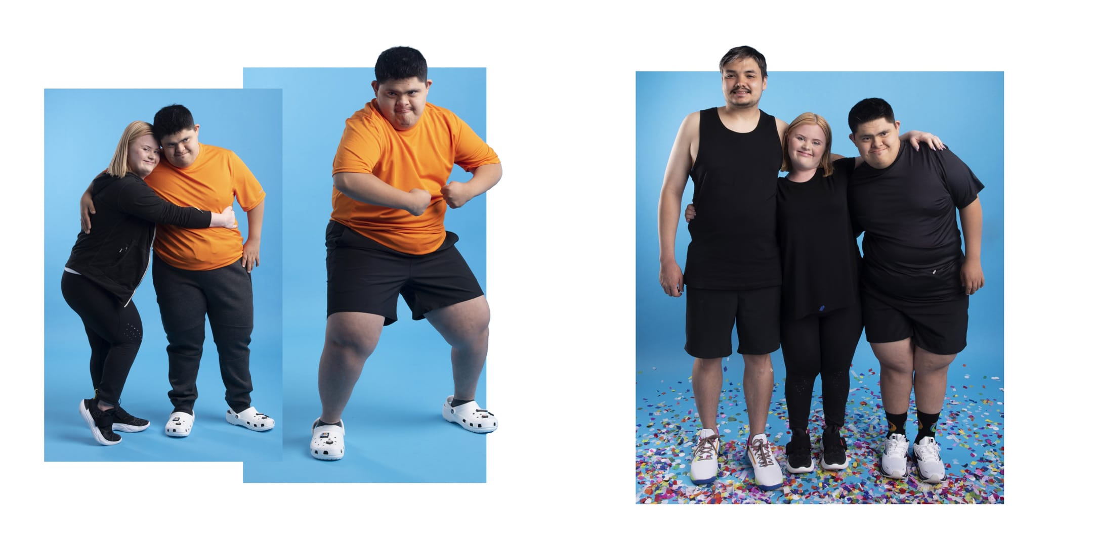 Editorial studio photos of three Special Olympics athletes in Zappos x Special Olympics activewear and Crocs against a blue backdrop, plus a group portrait of the same three athletes in matching black outfits and sneakers standing on confetti.