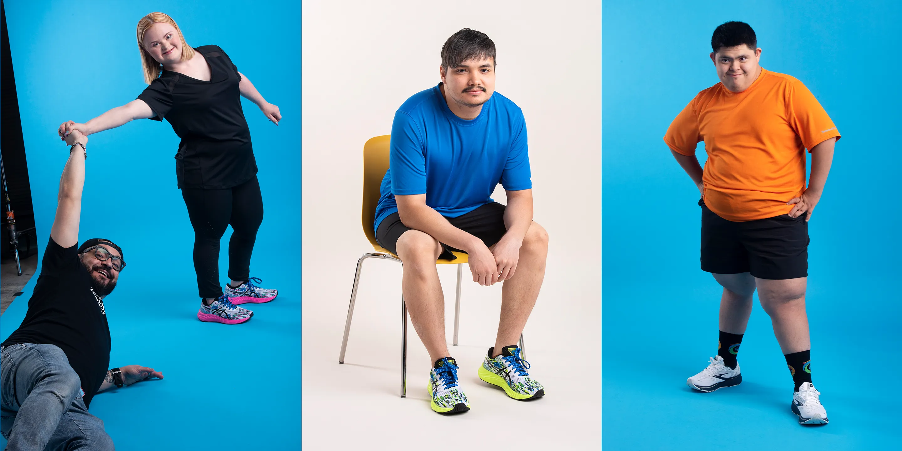 Three studio editorial shots for the Zappos x Special Olympics campaign: a photographer lying on the floor helps a female athlete strike a playful pose against blue, a male athlete sits on a yellow chair in a blue tee and running shoes on a white backdrop, and another male athlete poses in an orange tee against blue.