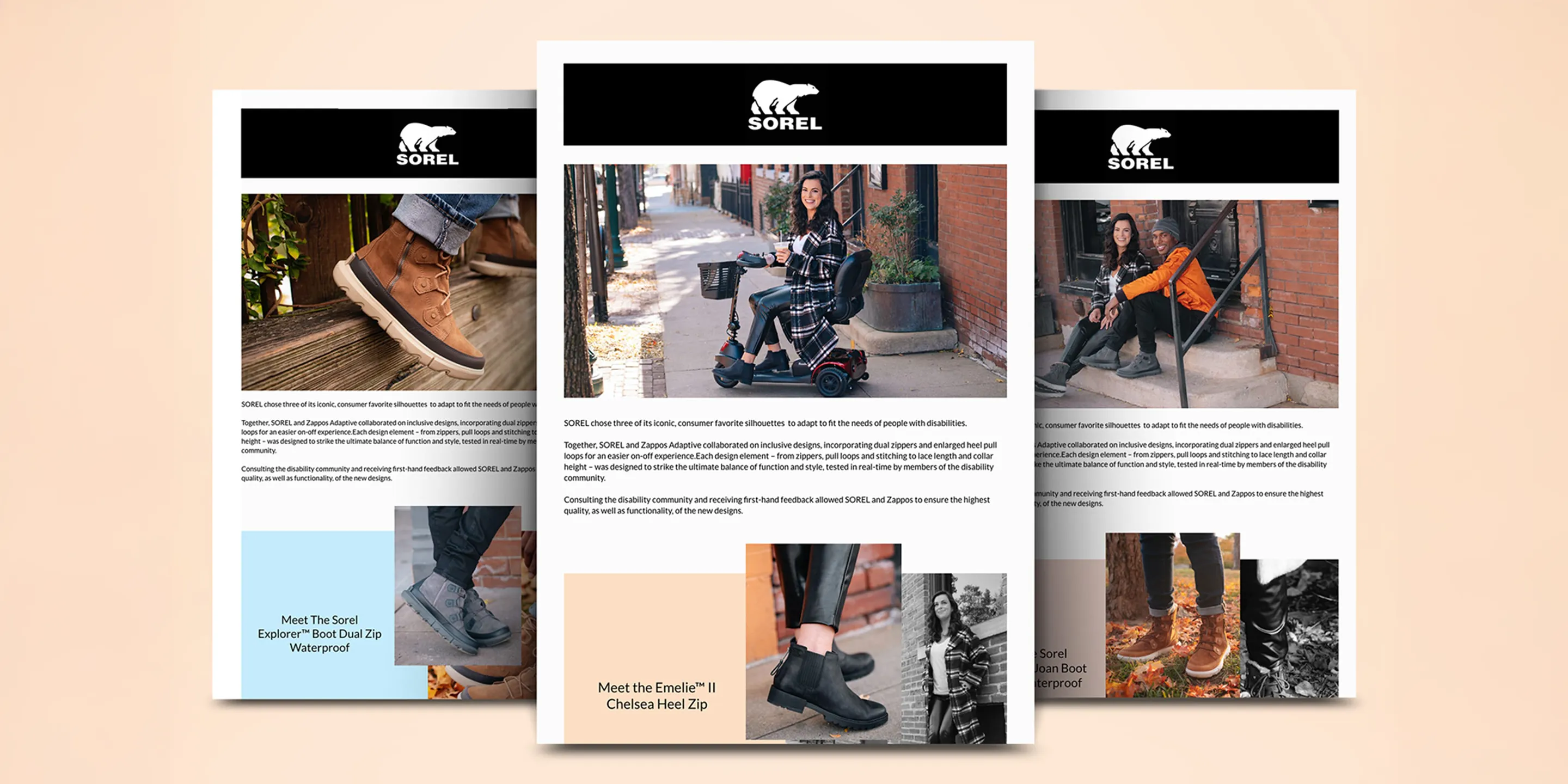 Promotional materials showcasing the SOREL x Zappos Adaptive collaboration, featuring inclusive footwear designs like the Explorer Boot and Emelie Chelsea Boot, adapted with accessible features for people with disabilities and styled in lifestyle imagery to highlight function and fashion.