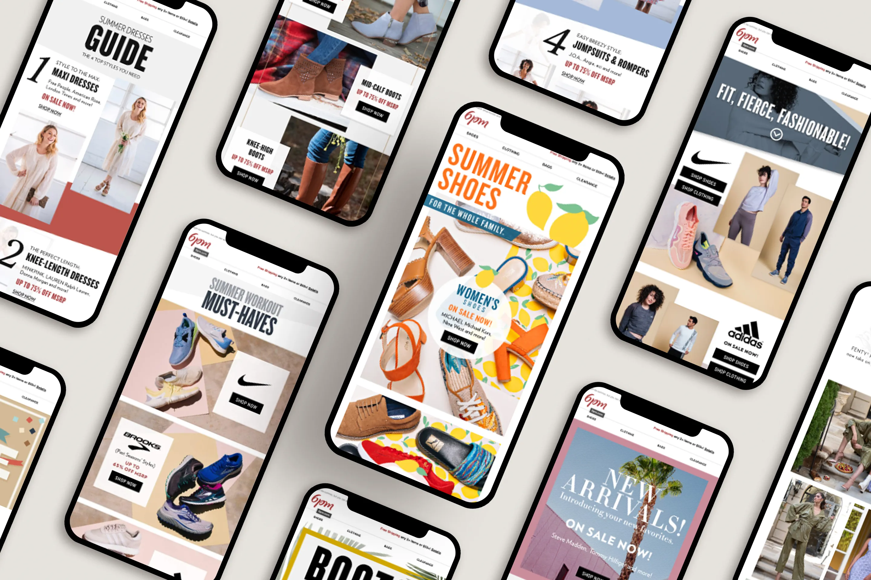 Mobile email design mockups for 6PM showcasing seasonal fashion campaigns including summer shoes, workout must-haves, boots, dresses, and new arrivals. Designs feature bold typography, product imagery, and brand logos like Nike and Adidas, optimized for e-commerce marketing and responsive layouts.
