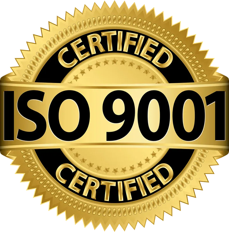 Gold seal with the text 'ISO 9001 Certified' in bold black and gold letters.