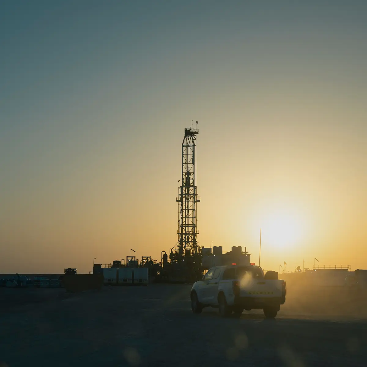 Drilling rig at sunset with service truck on an Abraj Energy site