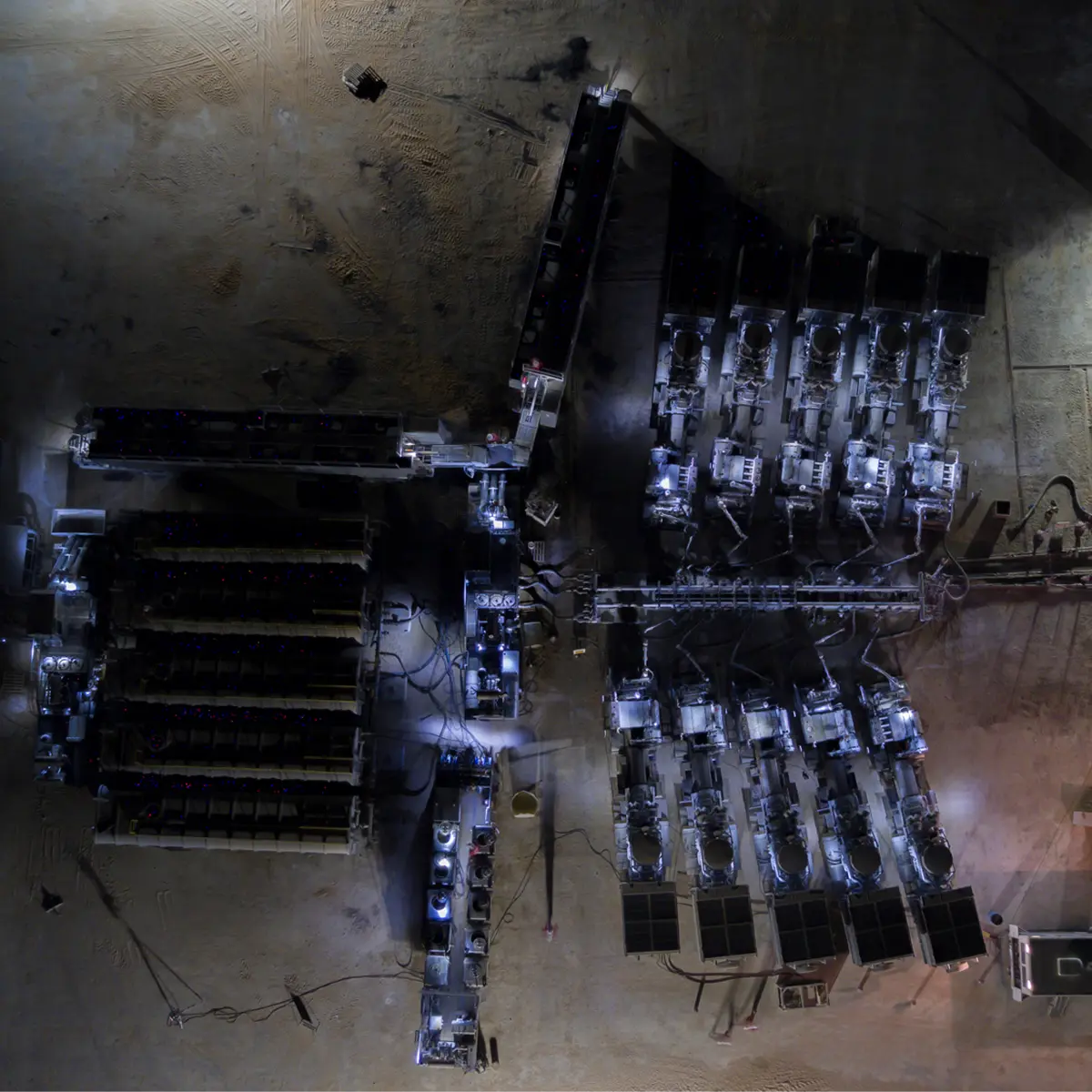 Aerial view of a hydraulic fracturing operation at night