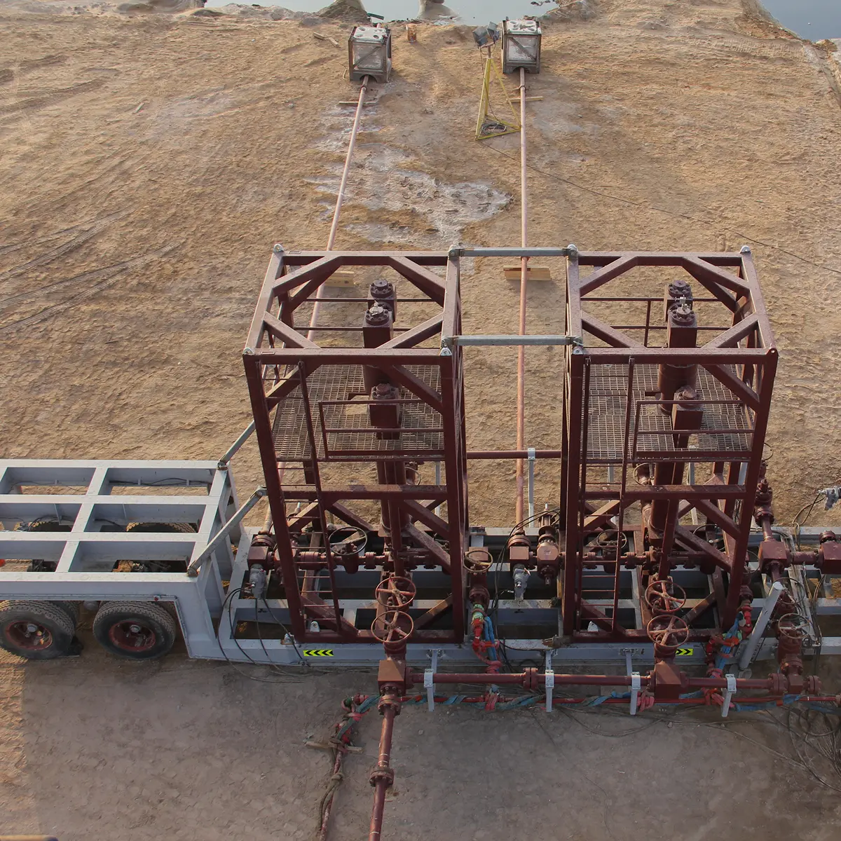 Aerial view of flowback and well testing manifold equipment