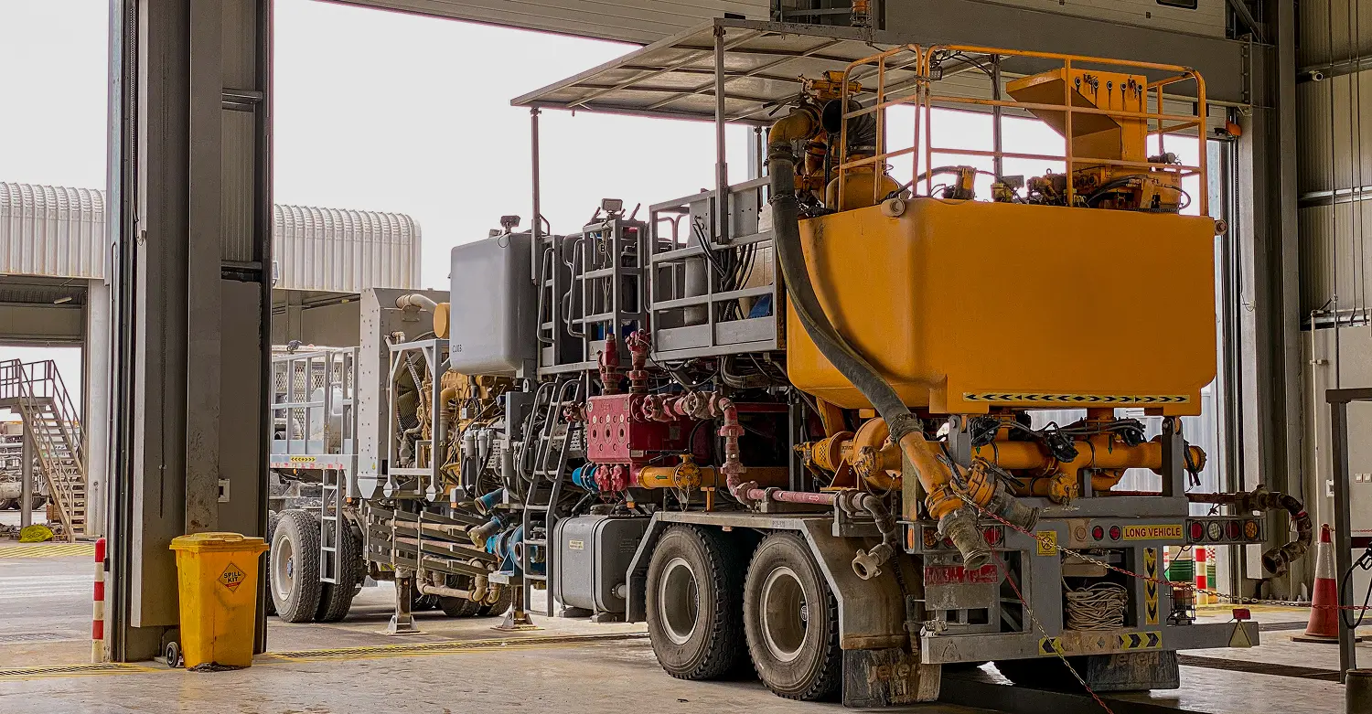 Cementing unit inside an Abraj Energy workshop