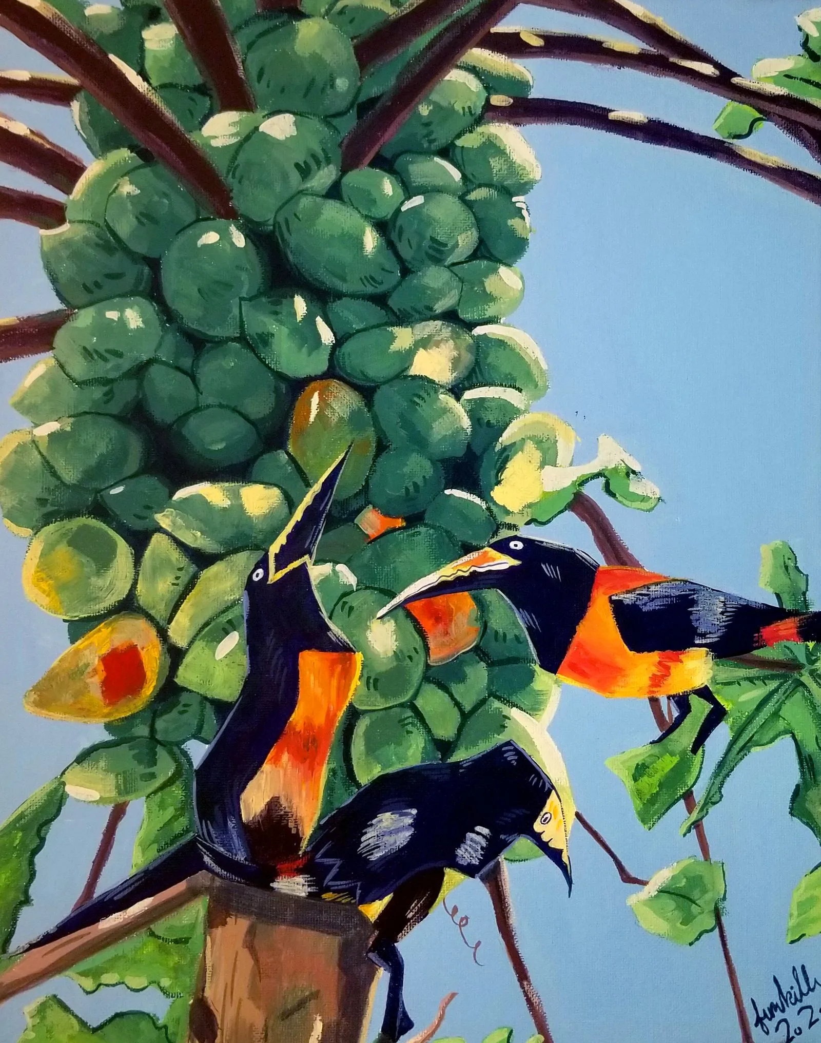 Acrylic painting of toucan birds in a mango tree