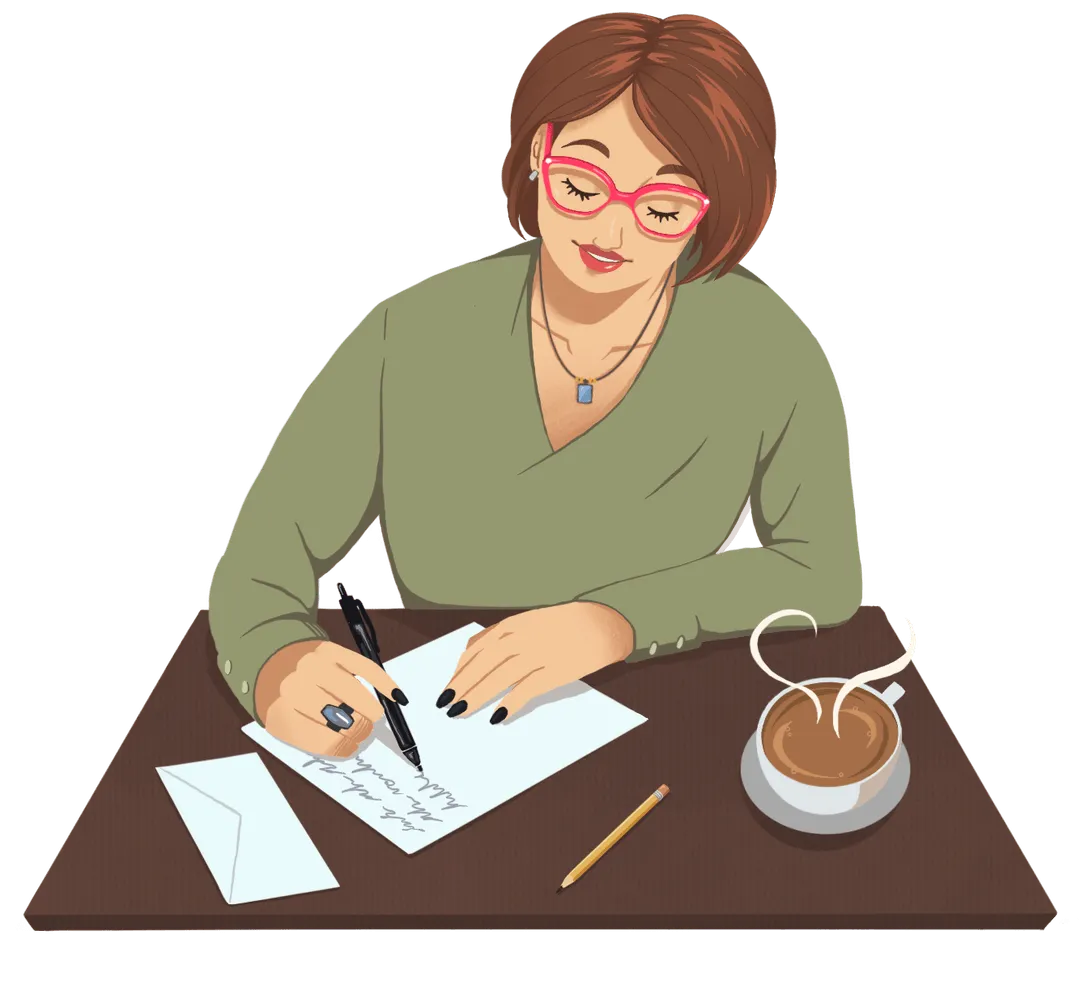 Illustration of short haired woman working at a desk