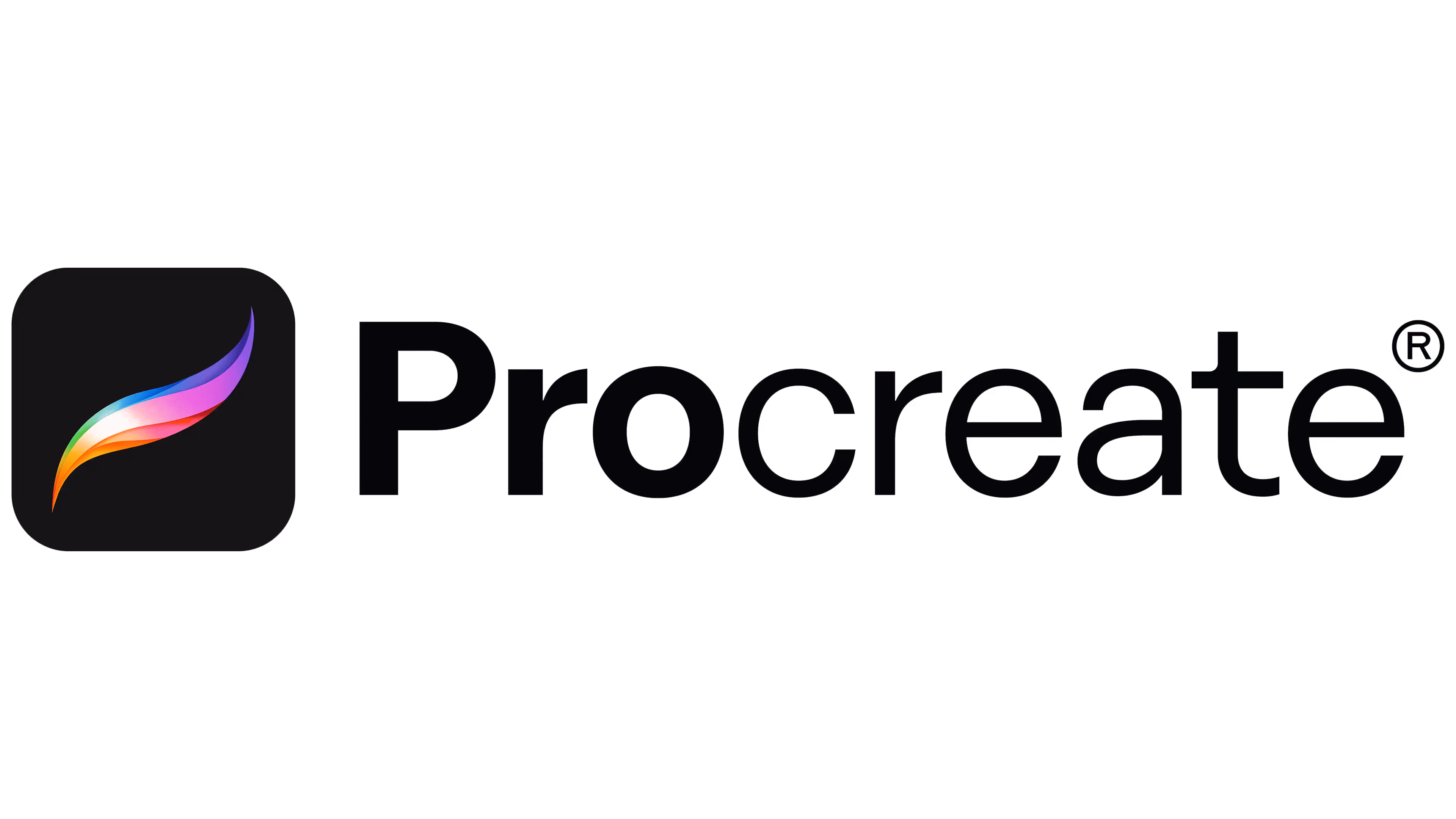 Procreate logo with a colorful brush stroke icon and the word Procreate in black text.