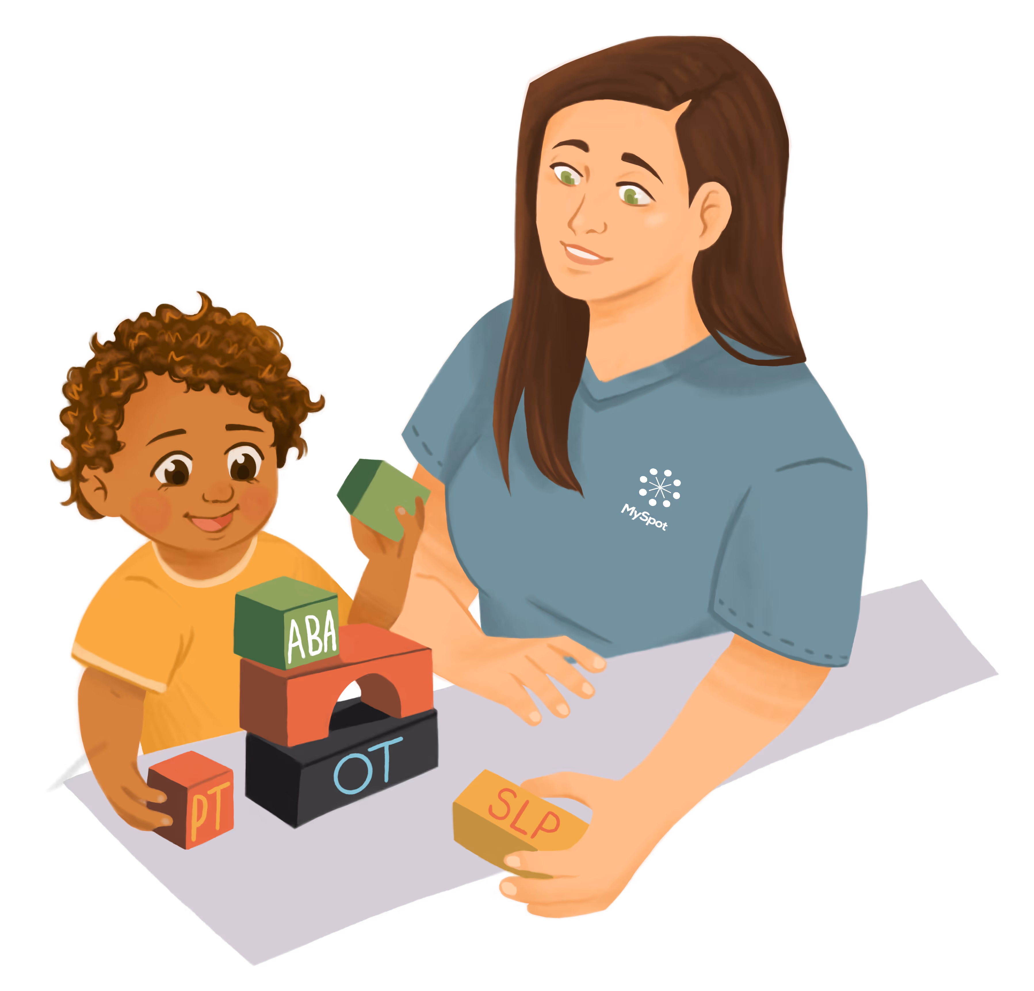 Illustration of a family therapist with a child and building blocks