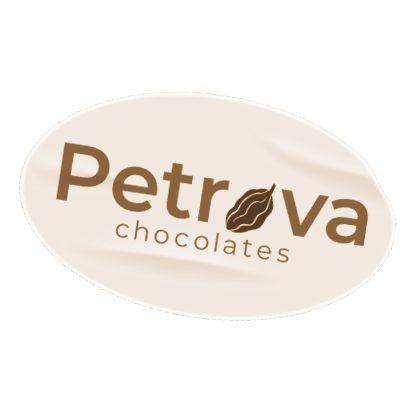Oval beige sticker with the text 'Petrova chocolates' in brown, featuring a stylized cocoa pod replacing the letter 'o' in 'Petrova'.