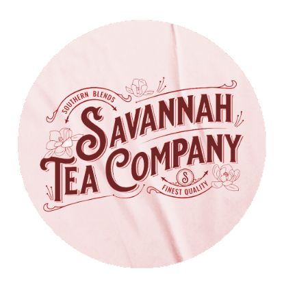 Round pink sticker with red decorative text saying 'Savannah Tea Company' with smaller phrases 'Southern Blends' and 'Finest Quality' along with small floral and tea-related illustrations.