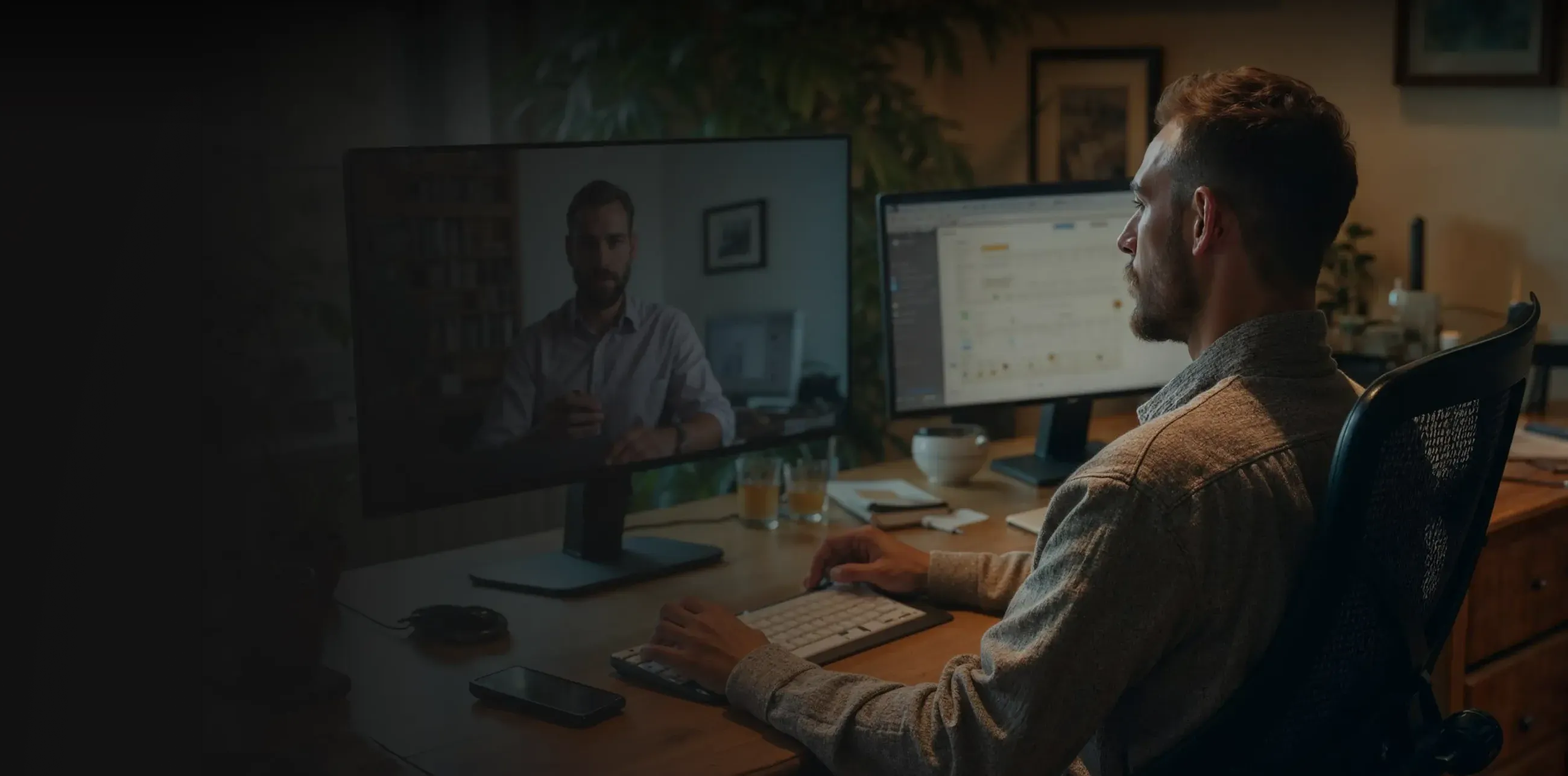 Man sitting at desk, typing on keyboard while having a video call on one monitor and viewing a calendar on another.