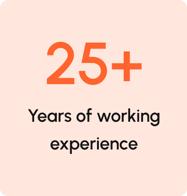 Text stating 25+ years of working experience in orange and black on a light peach background.