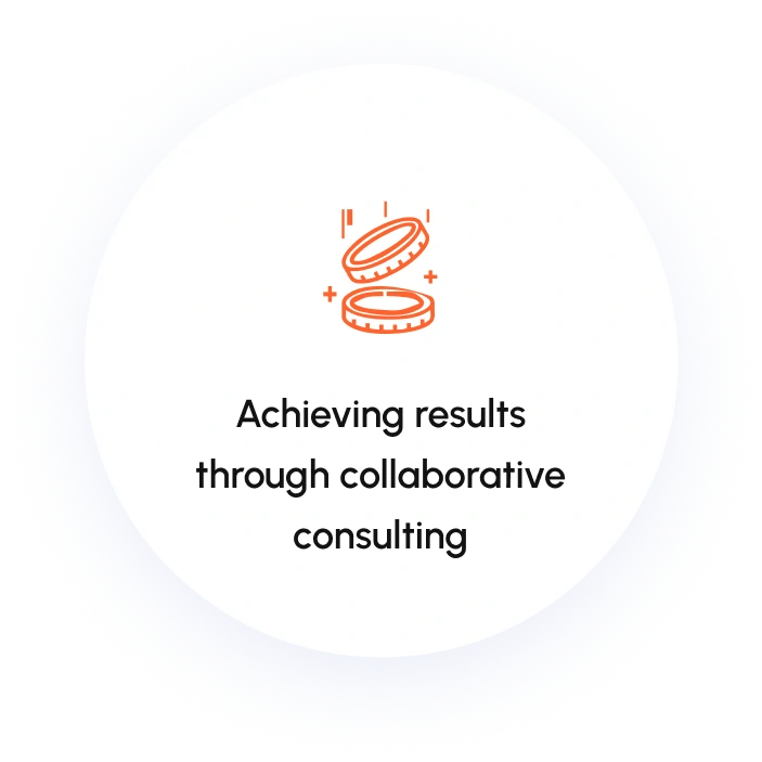 Icon of two falling coins above the text 'Achieving results through collaborative consulting' inside a white circle with a light blue border.