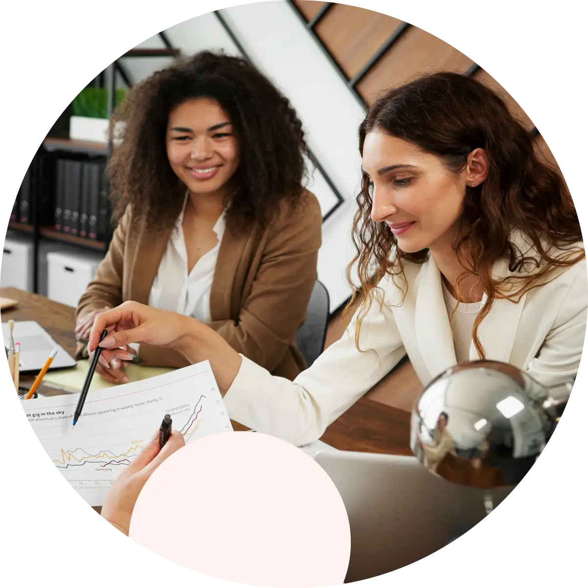 Two women discussing data shown on a paper with line graphs in a modern office setting.