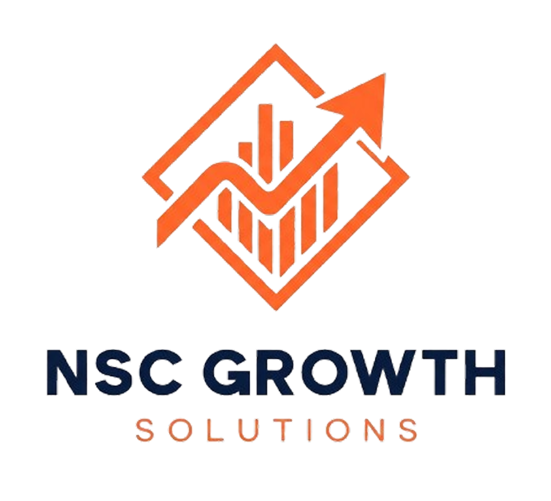 Logo of NSC Growth Solutions featuring an orange upward arrow intersecting a bar chart enclosed in a diamond shape.