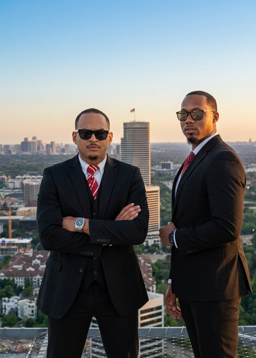 Two men in black suits, red striped ties, and sunglasses standing on a rooftop with a city skyline in the background during sunset.