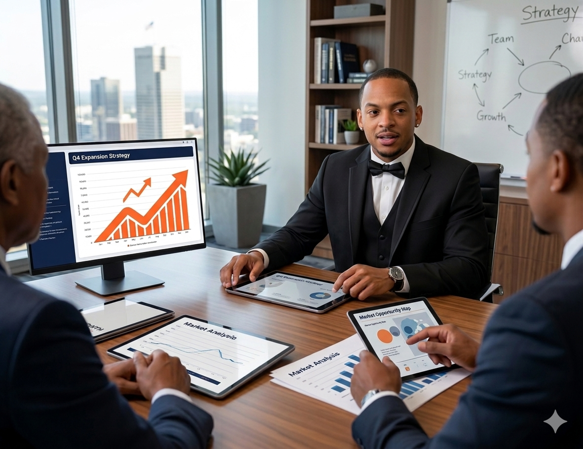 Business meeting with three men in suits discussing charts and graphs on tablets and a monitor showing Q4 expansion strategy.