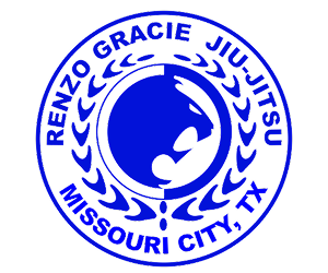Blue circular logo with a stylized panther head in the center, surrounded by laurel branches, with the text Renzo Gracie Jiu-Jitsu Missouri City, TX around the border.