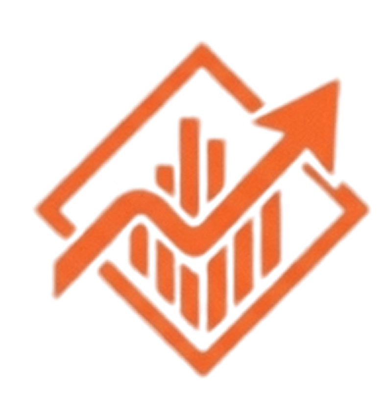 Orange graphic of an upward trending arrow intersecting bar chart inside a diamond outline symbolizing growth.