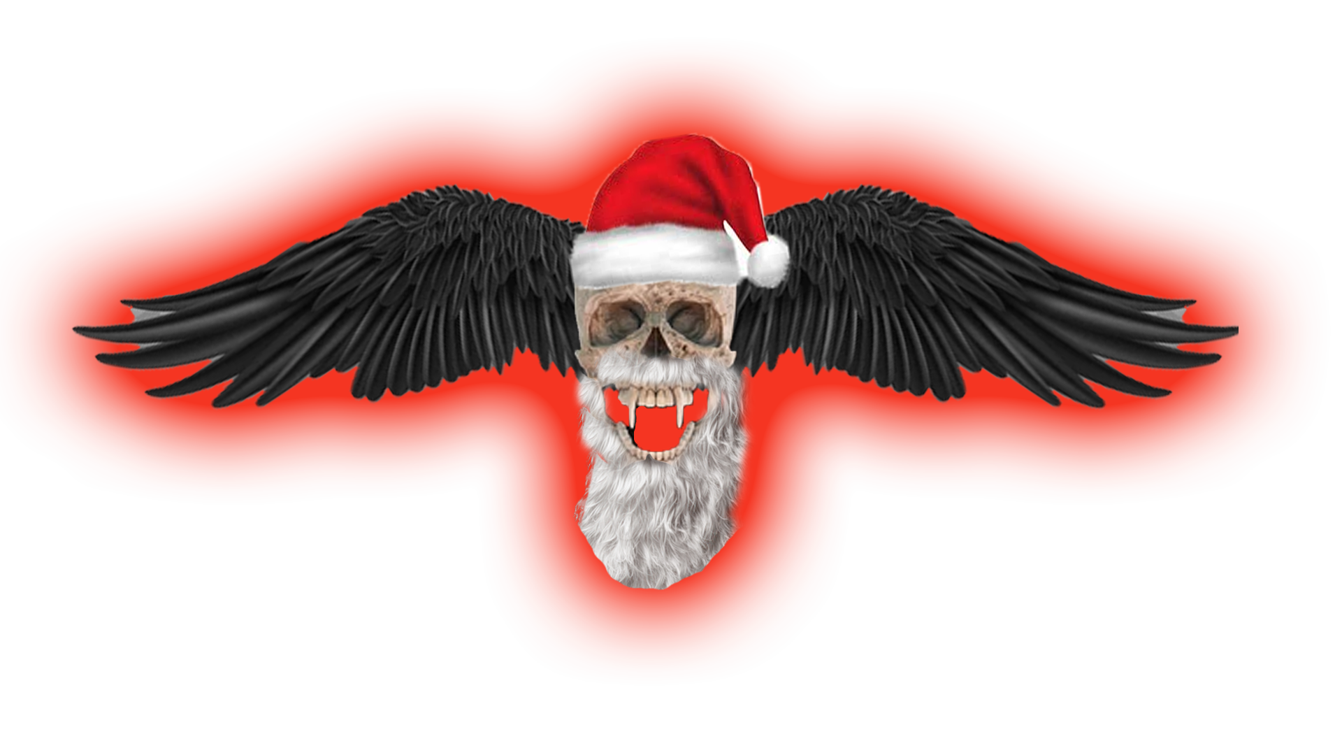 Skull with white beard and fangs wearing a Santa hat, with large black wings on red background.