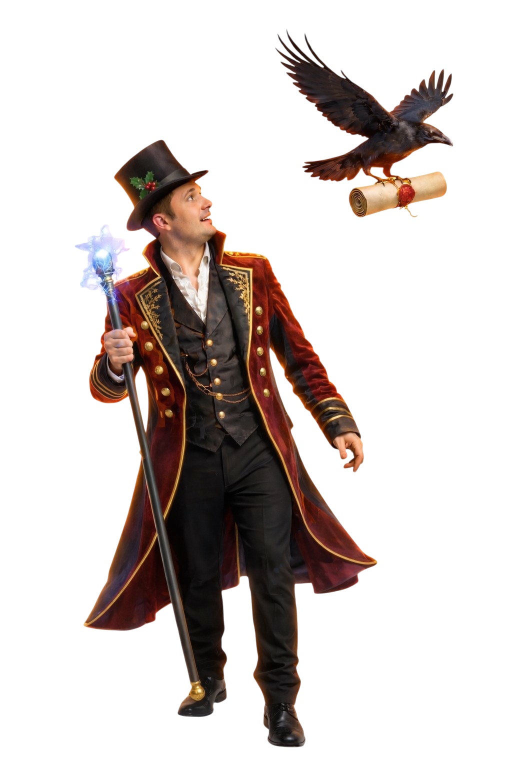 Man in a red coat and top hat holding a glowing staff looks at a raven carrying a sealed scroll.