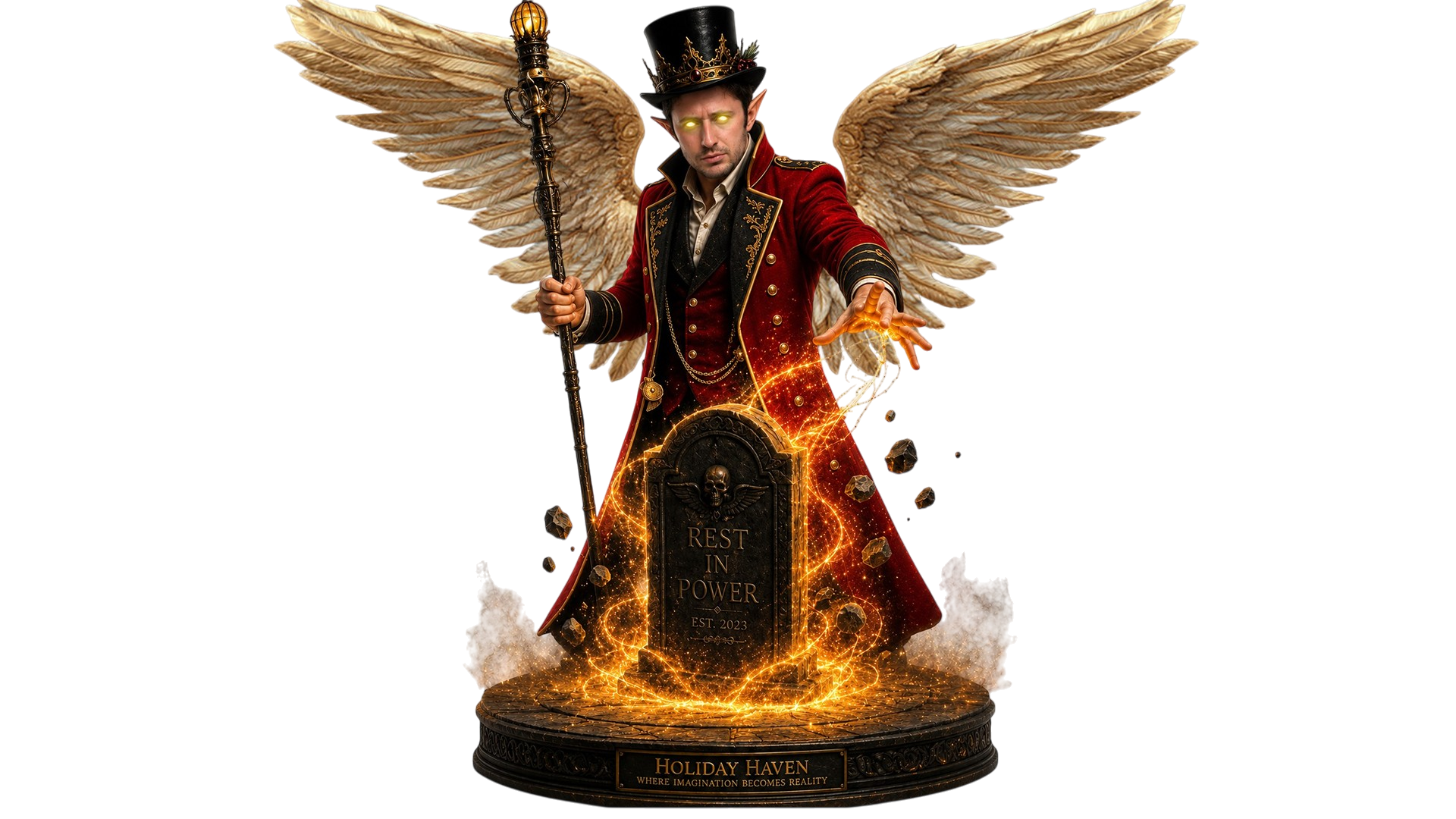 Man with glowing yellow eyes, angel wings, red coat, and top hat conjuring magic around a gravestone.