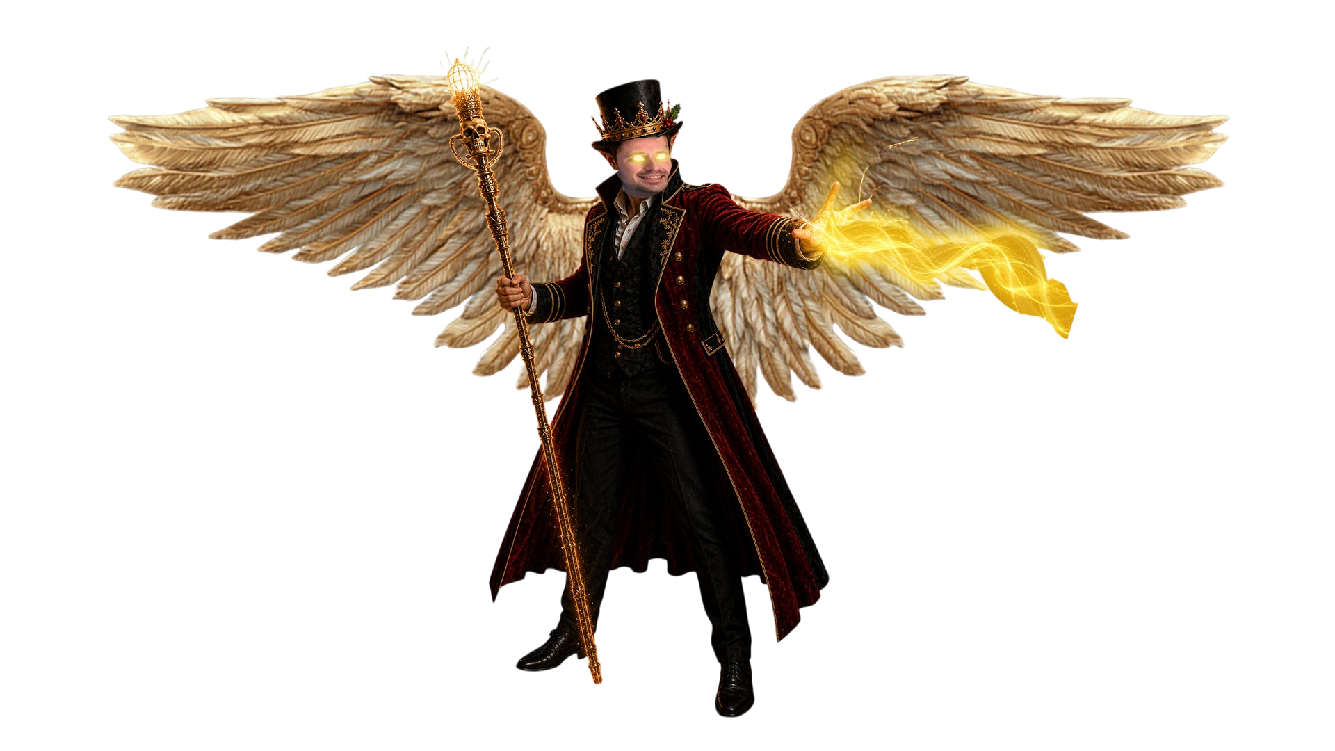 Man with glowing eyes, crown, angel wings, ornate staff, and casting yellow magic from his hand.