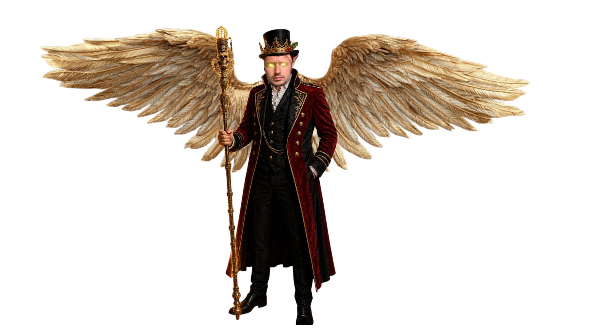 Man with glowing eyes wearing a royal coat and top hat, holding a golden staff with angel wings.