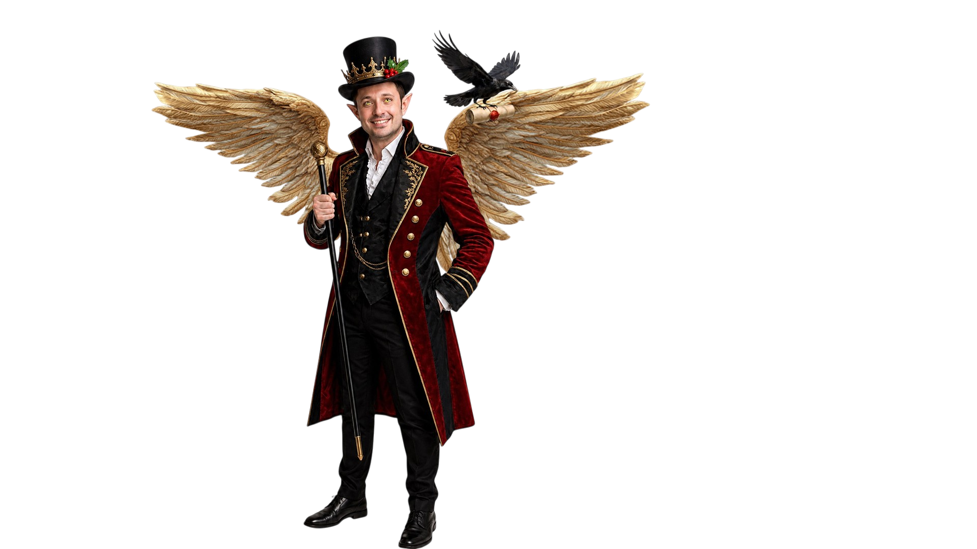 Man in red velvet coat, top hat with gold crown, holding cane, with large gold wings and black bird on shoulder.