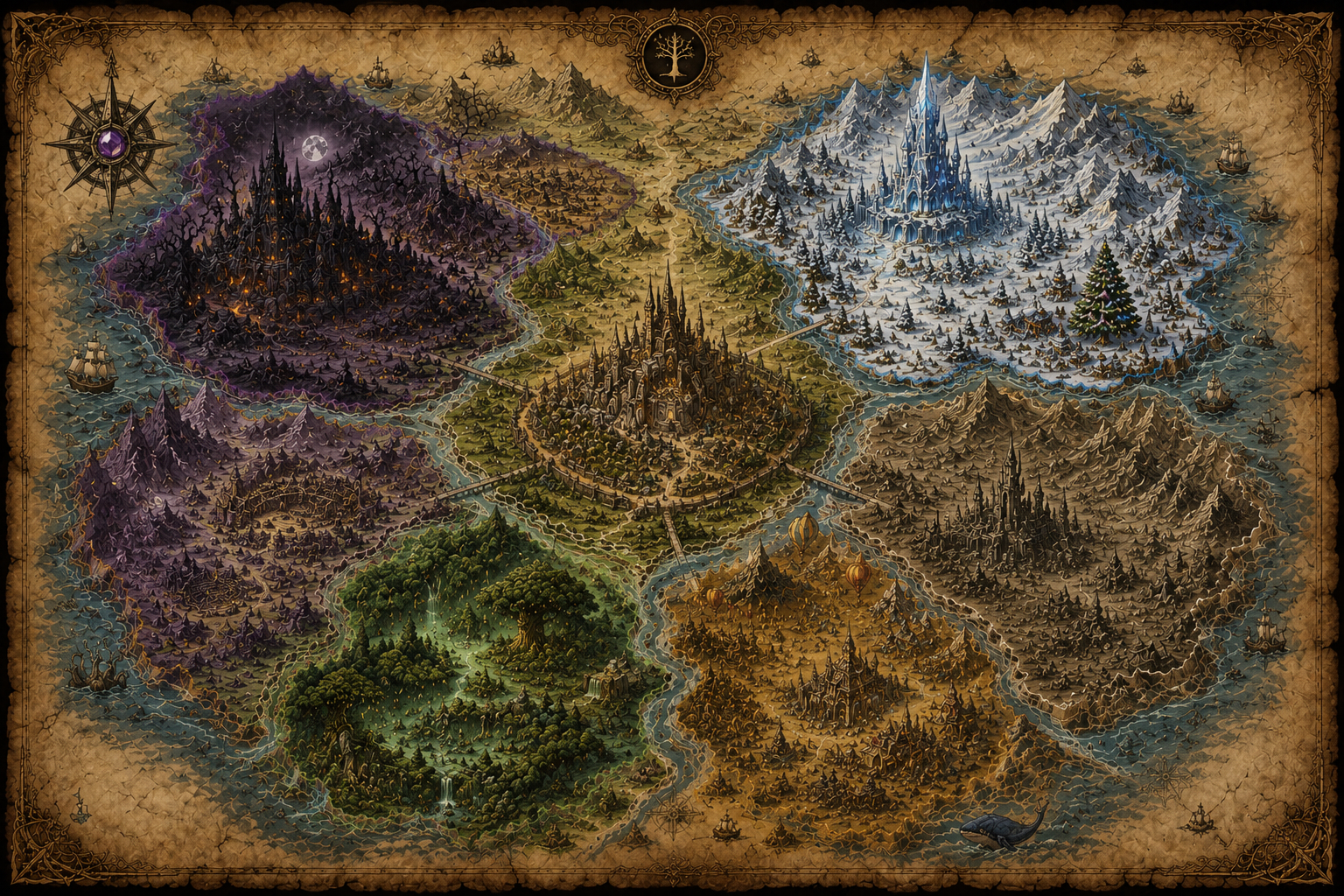 Fantasy map of seven distinct realms including forest, desert, mountain, and dark castles surrounded by sea.