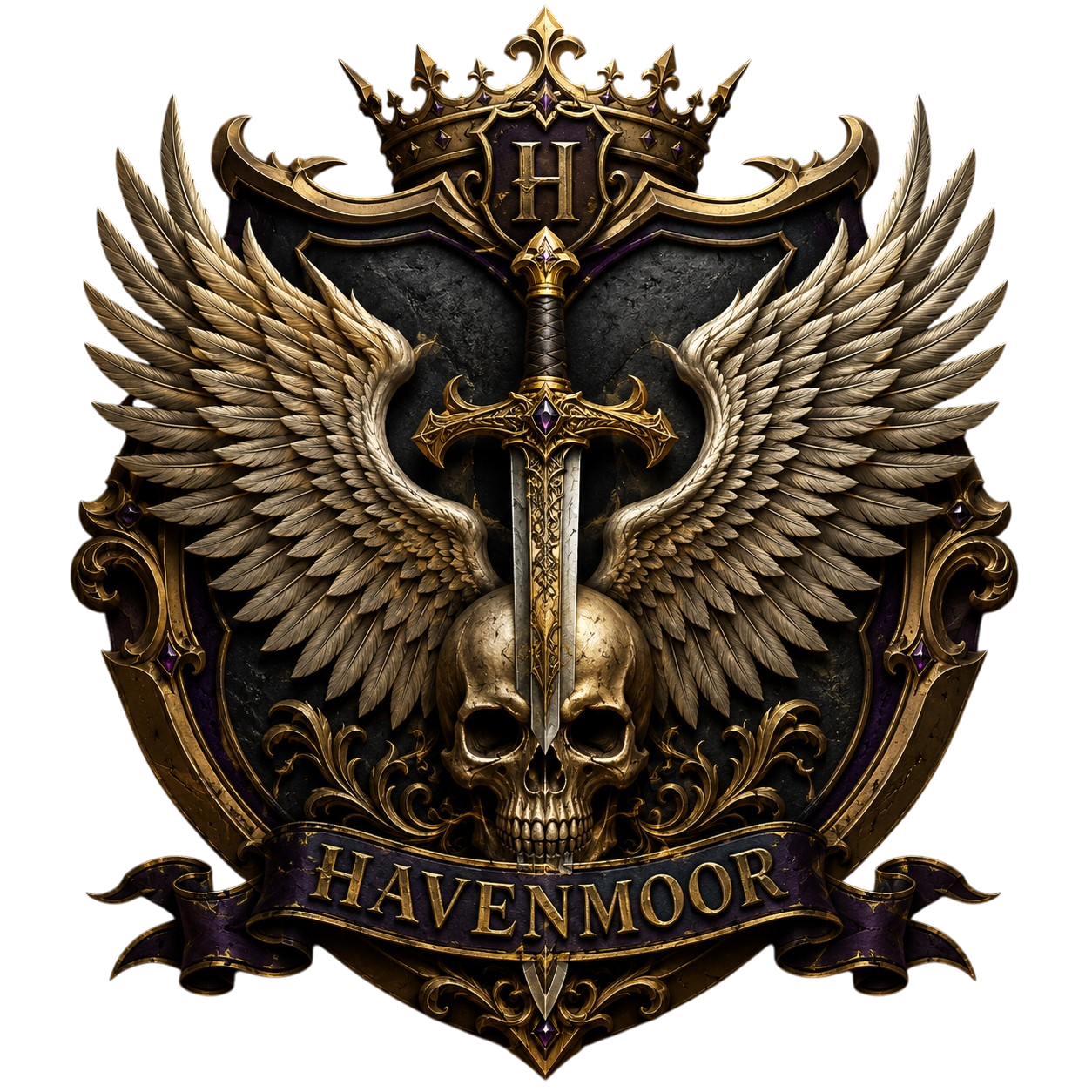 Ornate crest with a winged skull, a sword through it, crown above, and HAVENMOOR on a banner below.