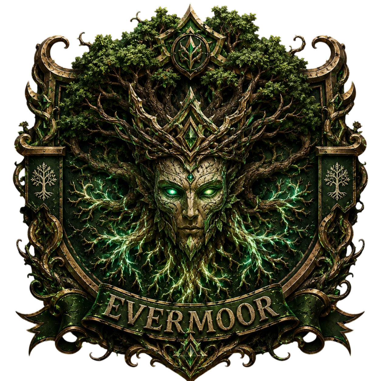 Fantasy crest with a glowing green-eyed tree face with branches and leaves, labeled Evermoor.