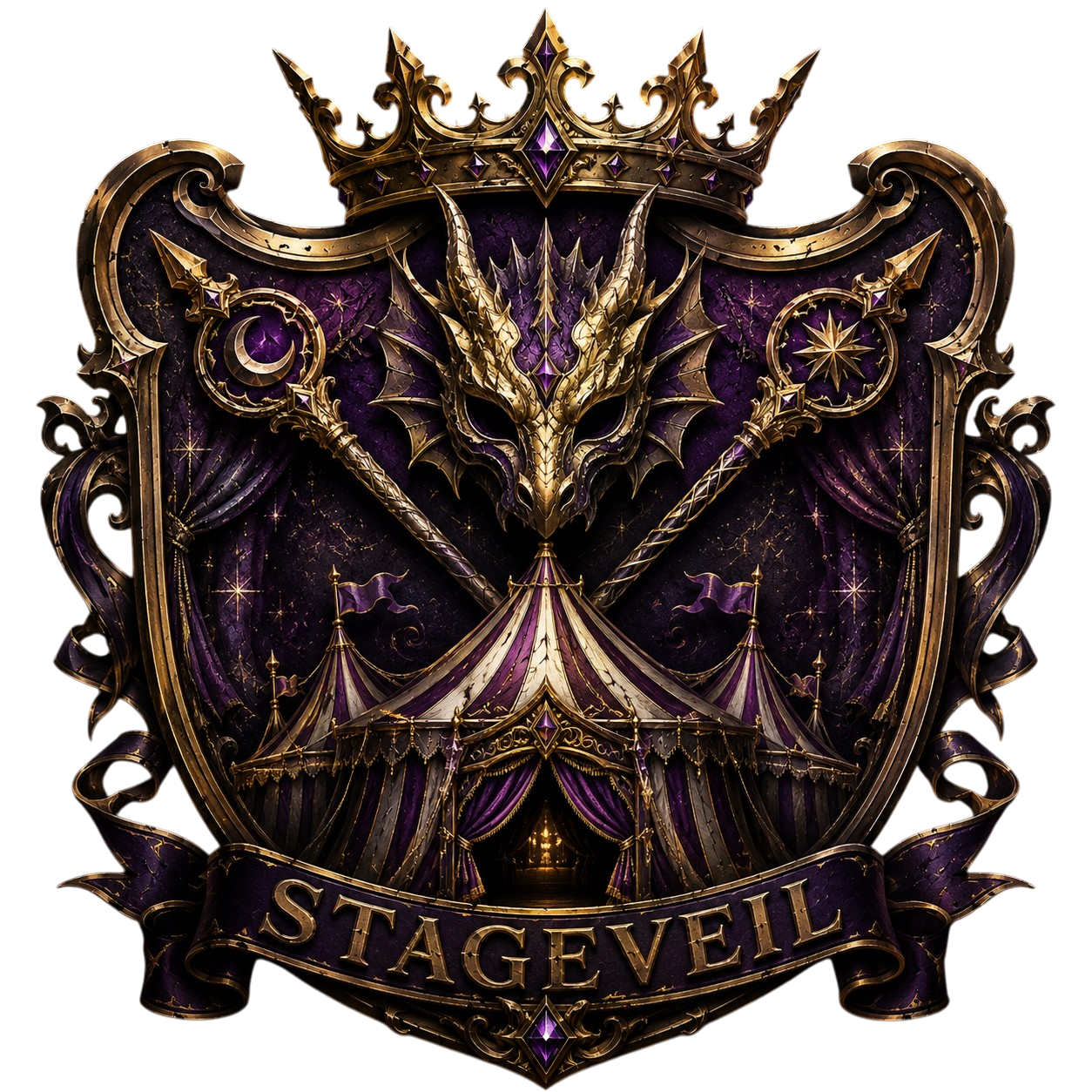 Purple and gold crest with dragon head, crown, crossed scepters, circus tent, and banner reading Stageveil.