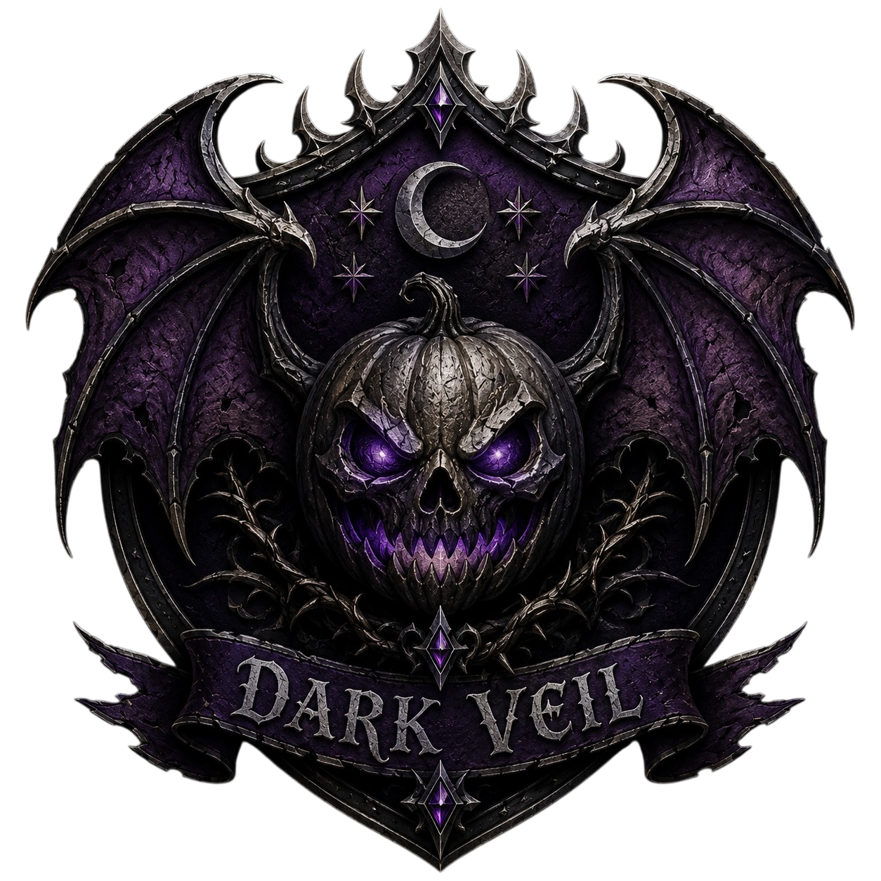 Dark Veil crest with a skull pumpkin, glowing purple eyes, bat wings, crescent moon, and stars.