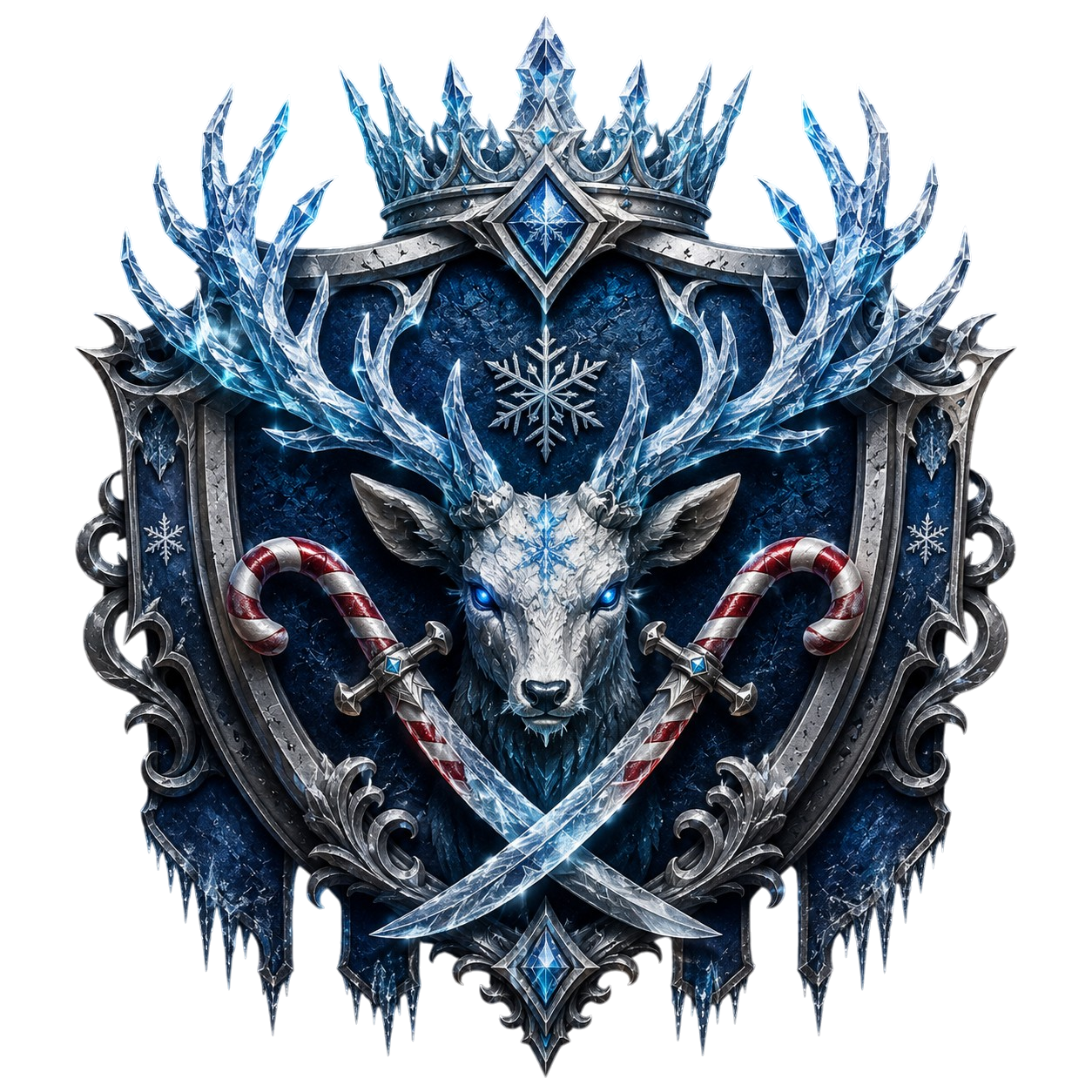 Crest with a white stag with icy antlers, blue glowing eyes, crossed candy cane swords, and snowflake designs.